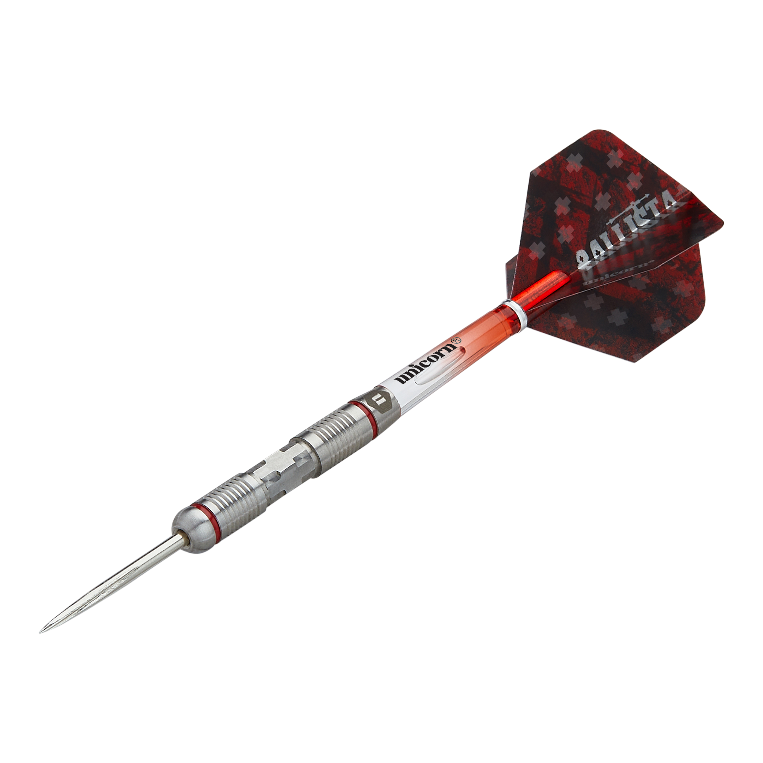 Das Bild zeigt den Steeldart "Unicorn Ballista Style 2". Der Dart hat einen silbernen Metallkörper mit roten Akzenten und schwarze Flights mit rotem Muster.