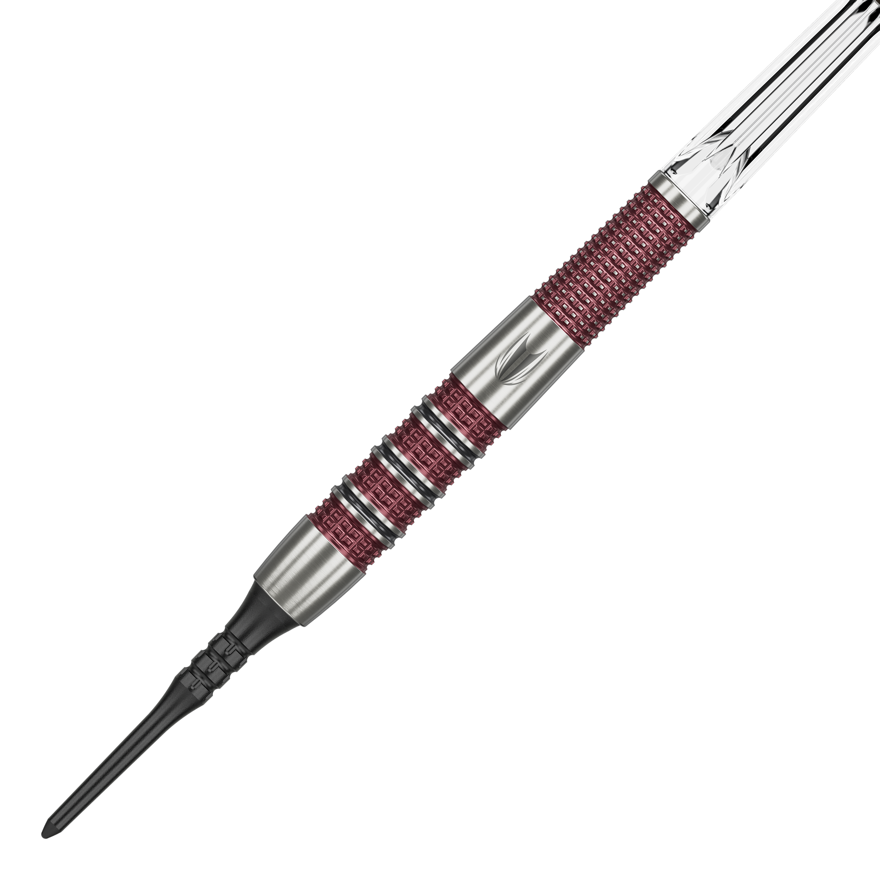 Target Stephen Bunting 95K Soft Darts - 19g Das Bild zeigt einen Target Stephen Bunting 95K Softdart mit einem Gewicht von 19 Gramm. Der Dart hat ein silbernes und rotes Griffdesign mit einer schwarzen Softspitze.