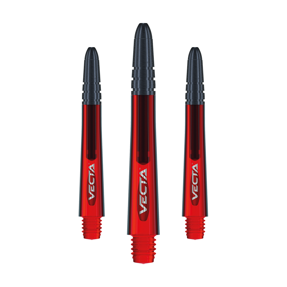 7025-203_Winmau_Vecta_Shafts_Rot_40mm_10SKgspeGSP8VK Auf dem Bild sind drei rote Winmau Vecta Shafts zu sehen. Die Schäfte haben schwarze Enden und tragen den Schriftzug "VECTA".