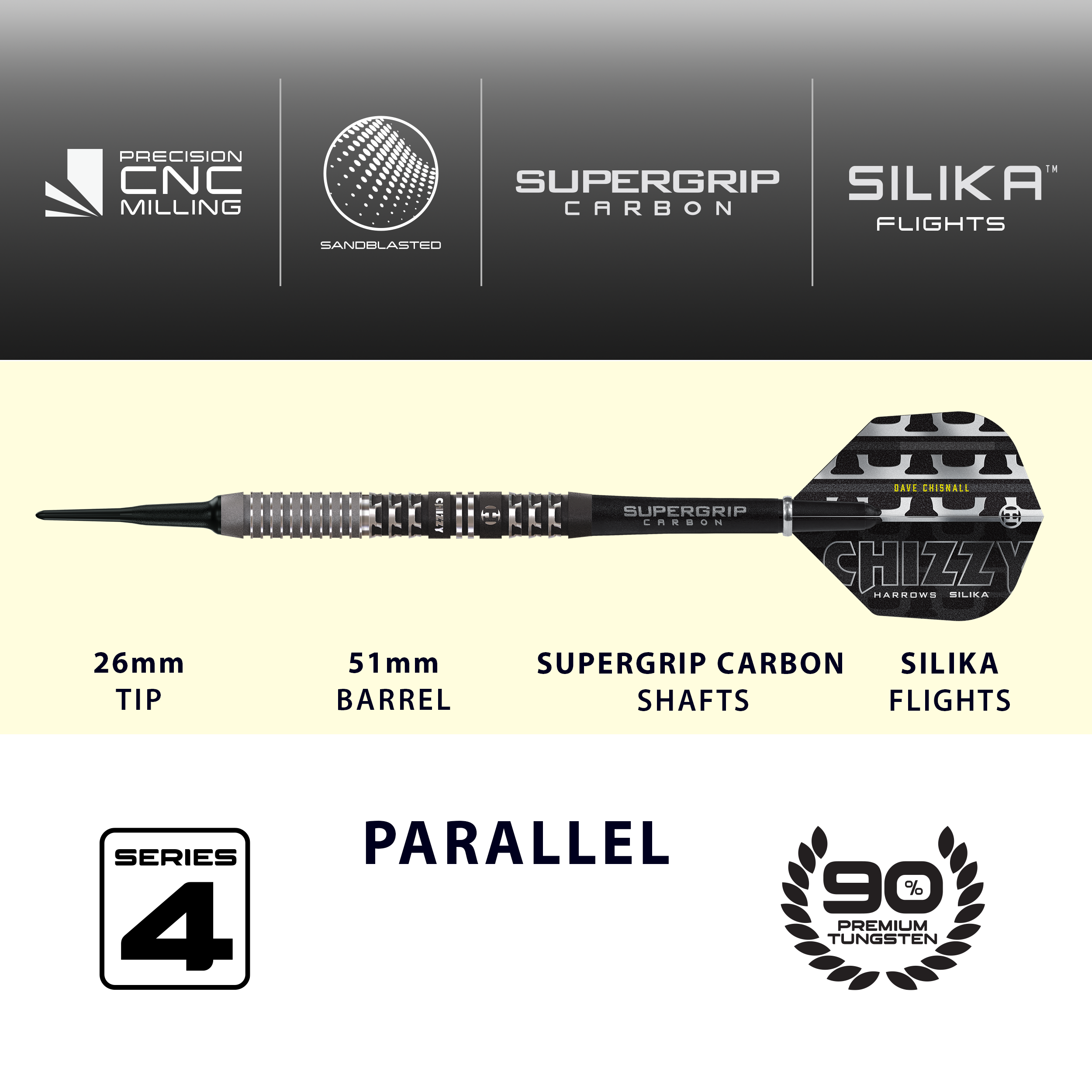 Das Produkt ist die Harrows Dave Chisnall Chizzy Series 4 Softdarts. Es richtet sich an Spieler, die Softdarts bevorzugen.