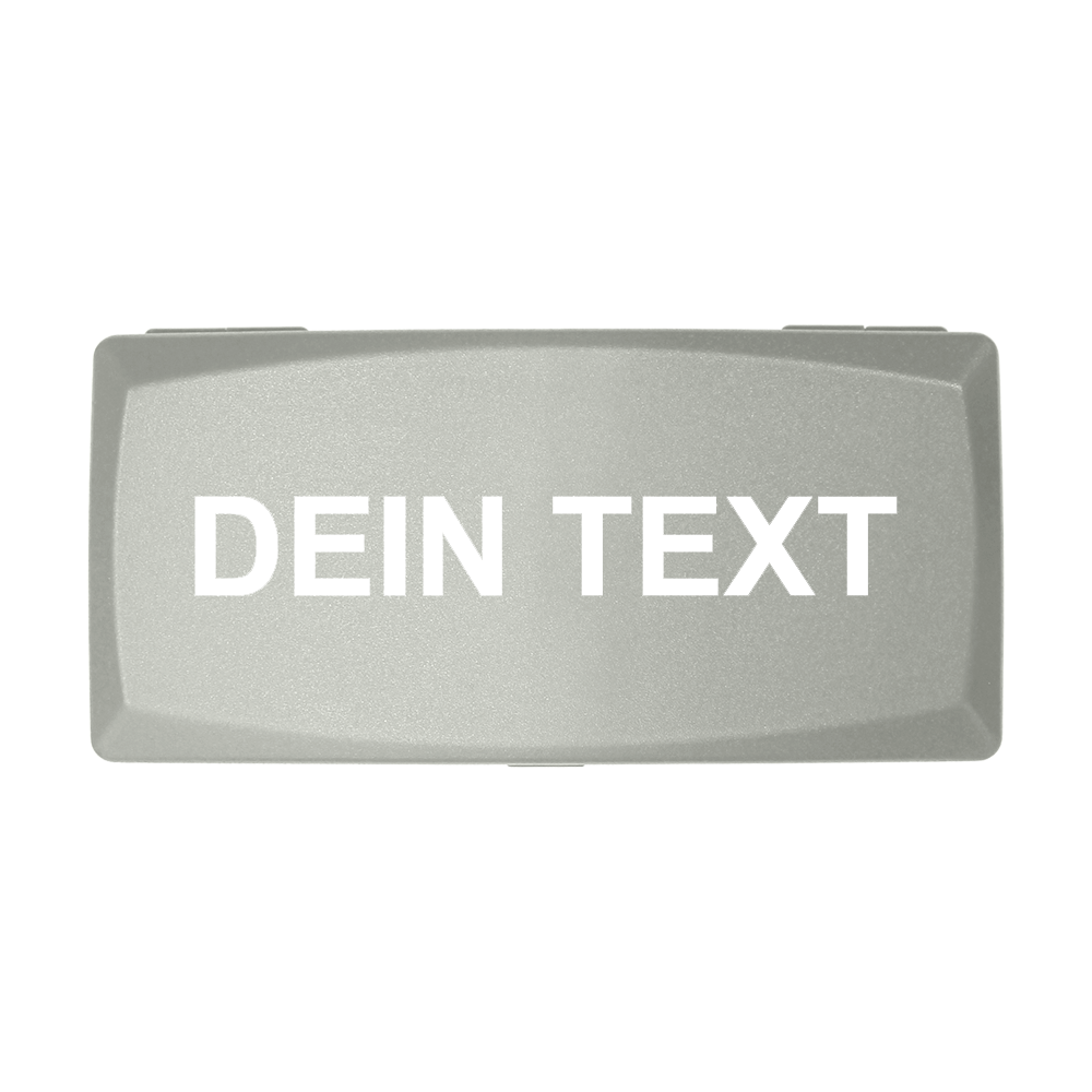 ABS box with custom print Auf dem Bild ist eine graue Box zu sehen. Auf der Box steht in weißen Buchstaben "DEIN TEXT".