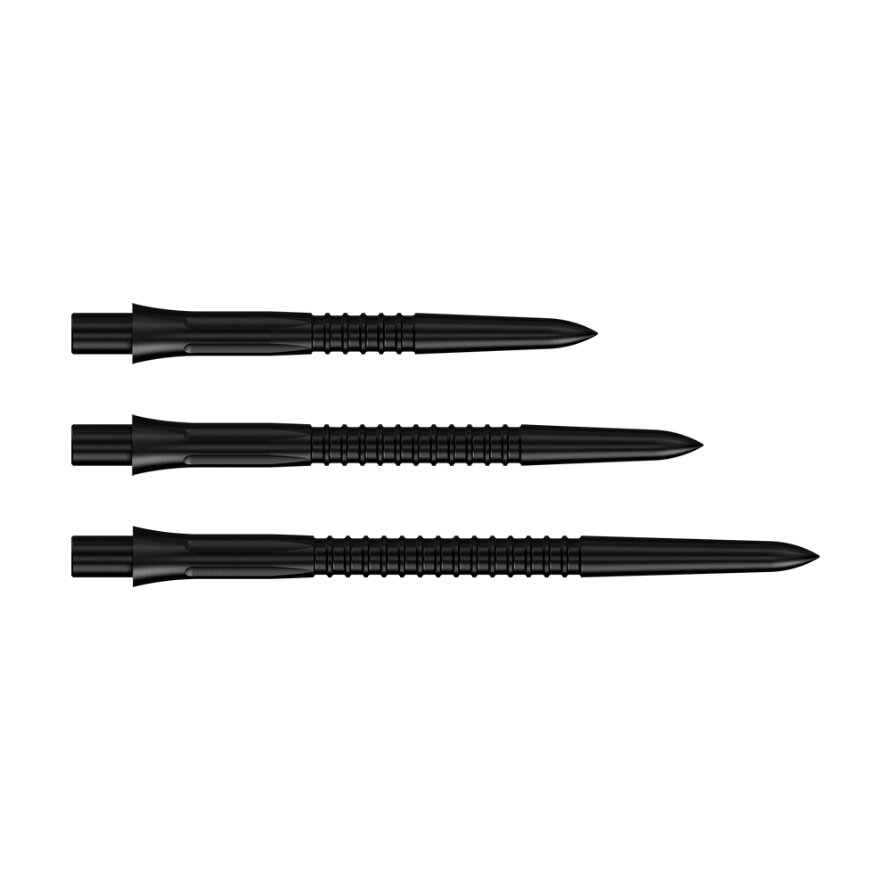 Abgebildet sind die Mission Caliburn EVO Dartspitzen GV1 in Schwarz. Diese Dartspitzen sind ideal für Steeldarts geeignet.