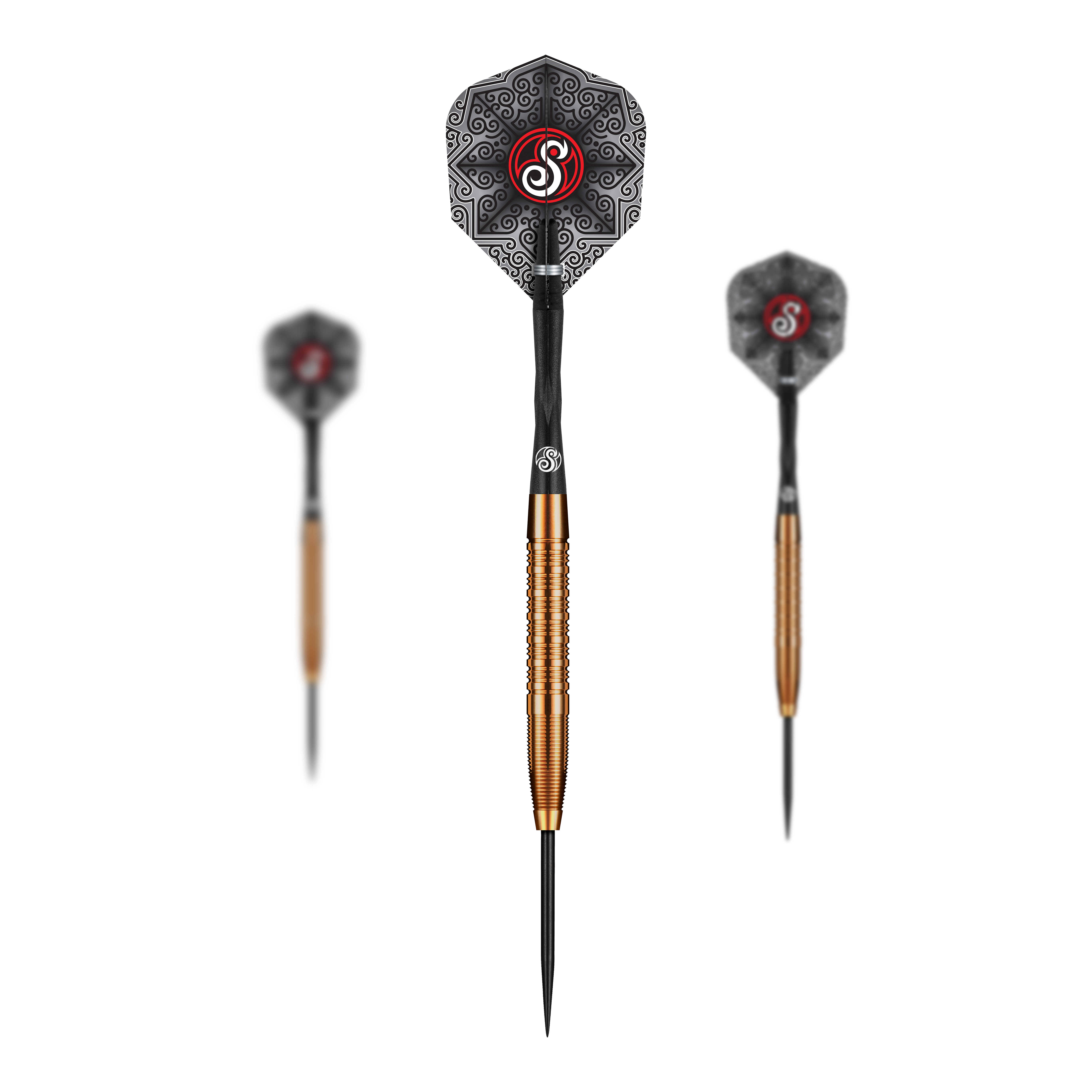 Shot Pro Series Jake Womack Steel Darts - 23g Das Bild zeigt die Shot Pro Series Jake Womack Steeldarts - 23g. Die Darts haben einen goldfarbenen Schaft und ein schwarzes Flight mit auffälligem Muster und rotem Logo.