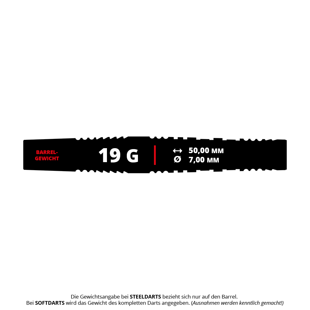 Target Japan Black Marque Lightning 3 Soft Darts - 19g Das Bild zeigt die Maße des Produkts "Target Japan Black Marque Lightning 3 Softdarts - 19g". Es wiegt 19 Gramm und hat eine Länge von 50 mm sowie einen Durchmesser von 7 mm.