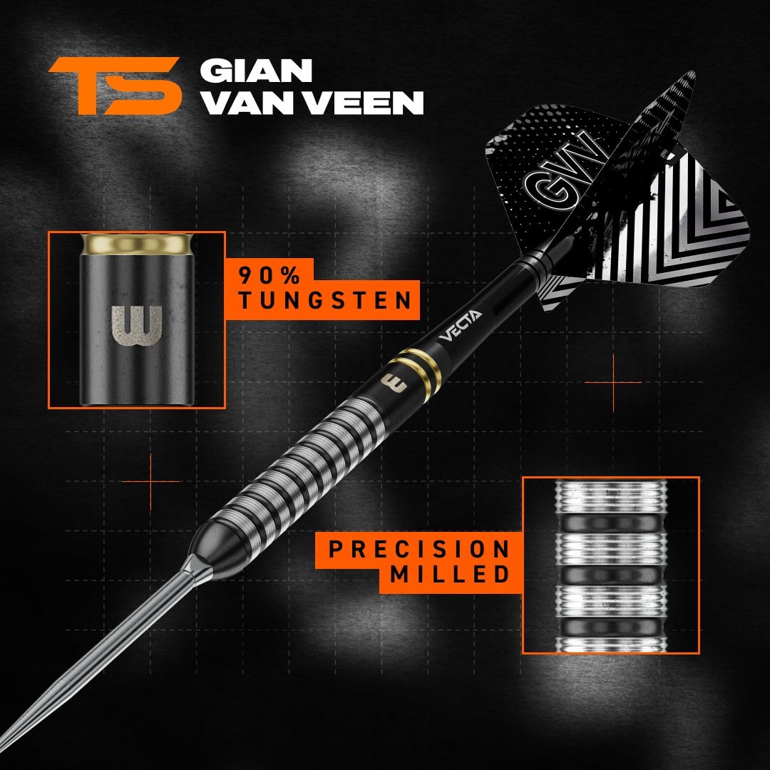 Winmau Gian Van Veen TS Switch Point steel darts Das Bild zeigt Winmau Gian Van Veen TS Switch Point Steeldarts. Drei Darts mit moderner Optik sind zu sehen.