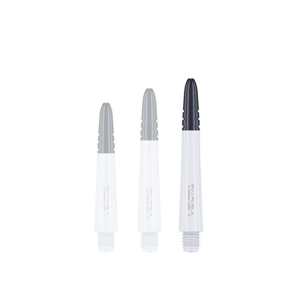 7025-202_Winmau_Vecta_Shafts_Weiss_40mm_1 Das Bild zeigt drei Winmau Vecta Shafts in Weiß. Die Shafts haben ein weißes Unterteil und ein schwarzes Oberteil.