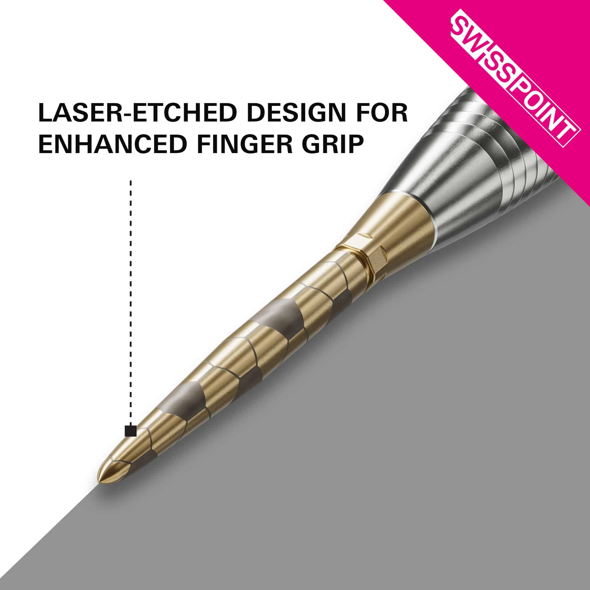 Target Swiss Storm Onyx Point Dart Tips - Gold Das Bild zeigt die goldene Target Swiss Storm Onyx Point Dartspitze mit einem lasergravierten Design. Dieses Design sorgt für einen verbesserten Fingergriff.