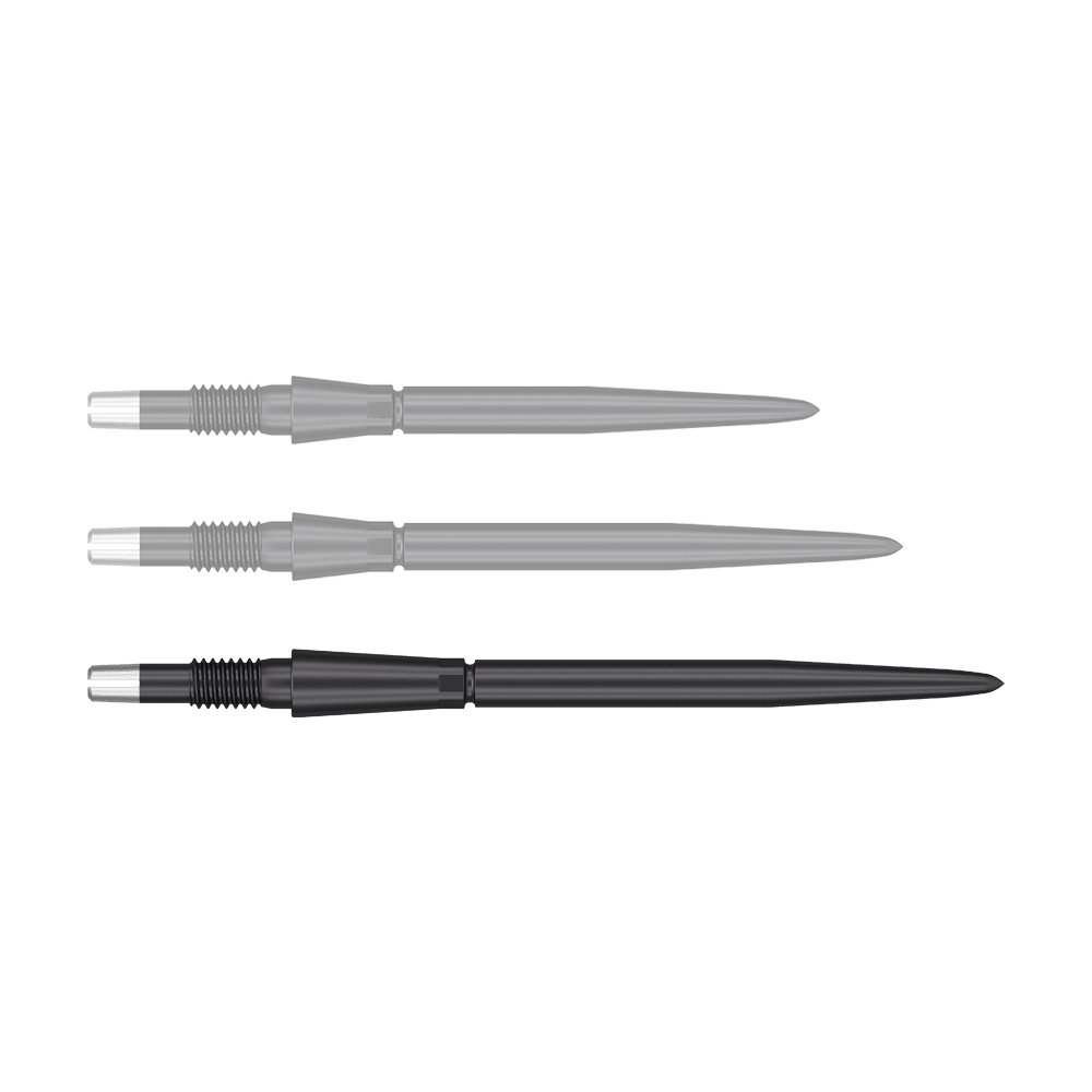 Target Swiss Storm Point Dart Tips - Black Das Bild zeigt drei schwarze Dartspitzen mit silbernen Enden. Sie sind nebeneinander in einer horizontalen Reihe angeordnet.