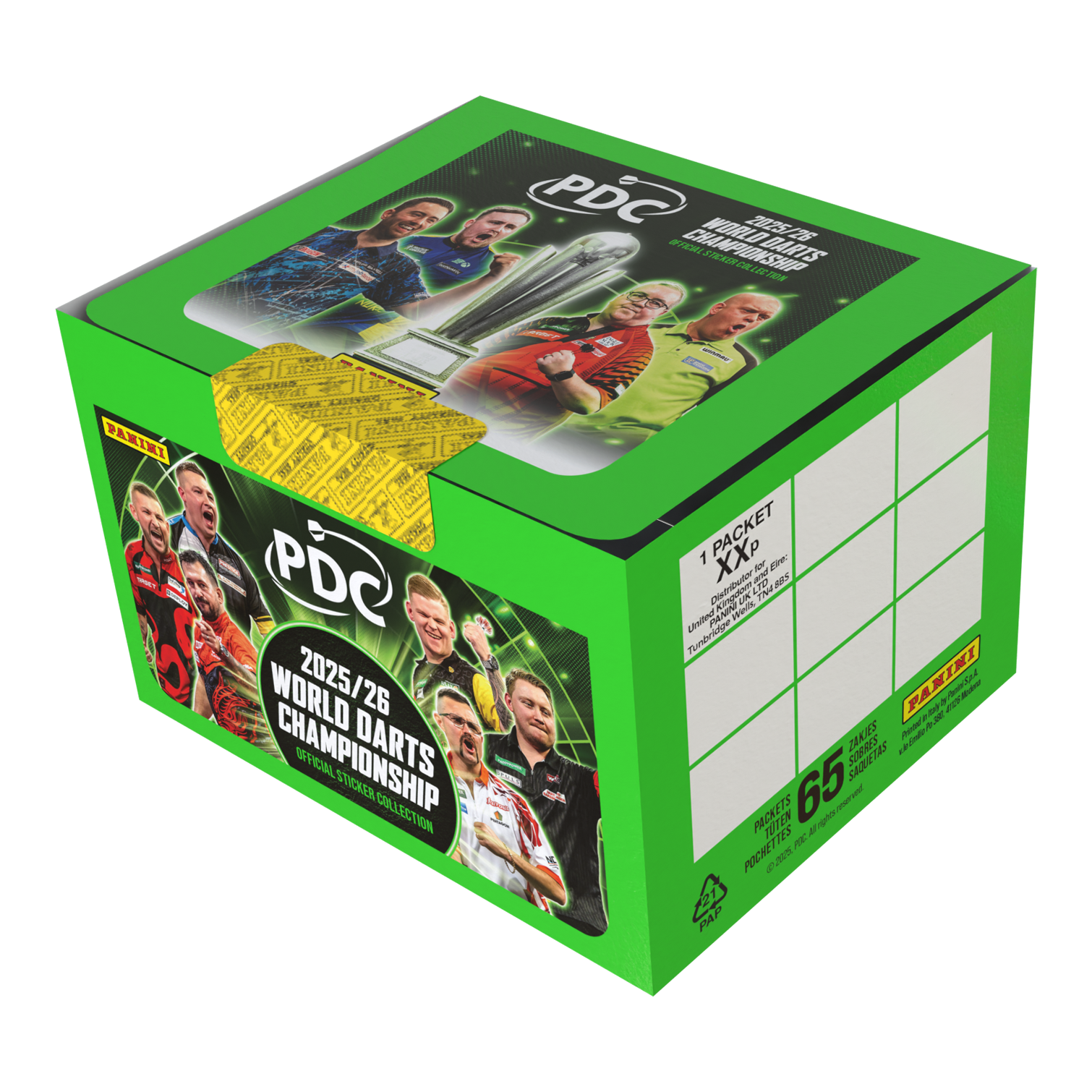 Panini PDC World Darts Championship 2025/26 - Sticker box with 65 packs Abgebildet ist die Panini PDC World Darts Championship 2025/26 Stickerbox mit 65 Tüten. Diese Box enthält Stickertüten zum Sammeln von Motiven des Darts-Turniers.