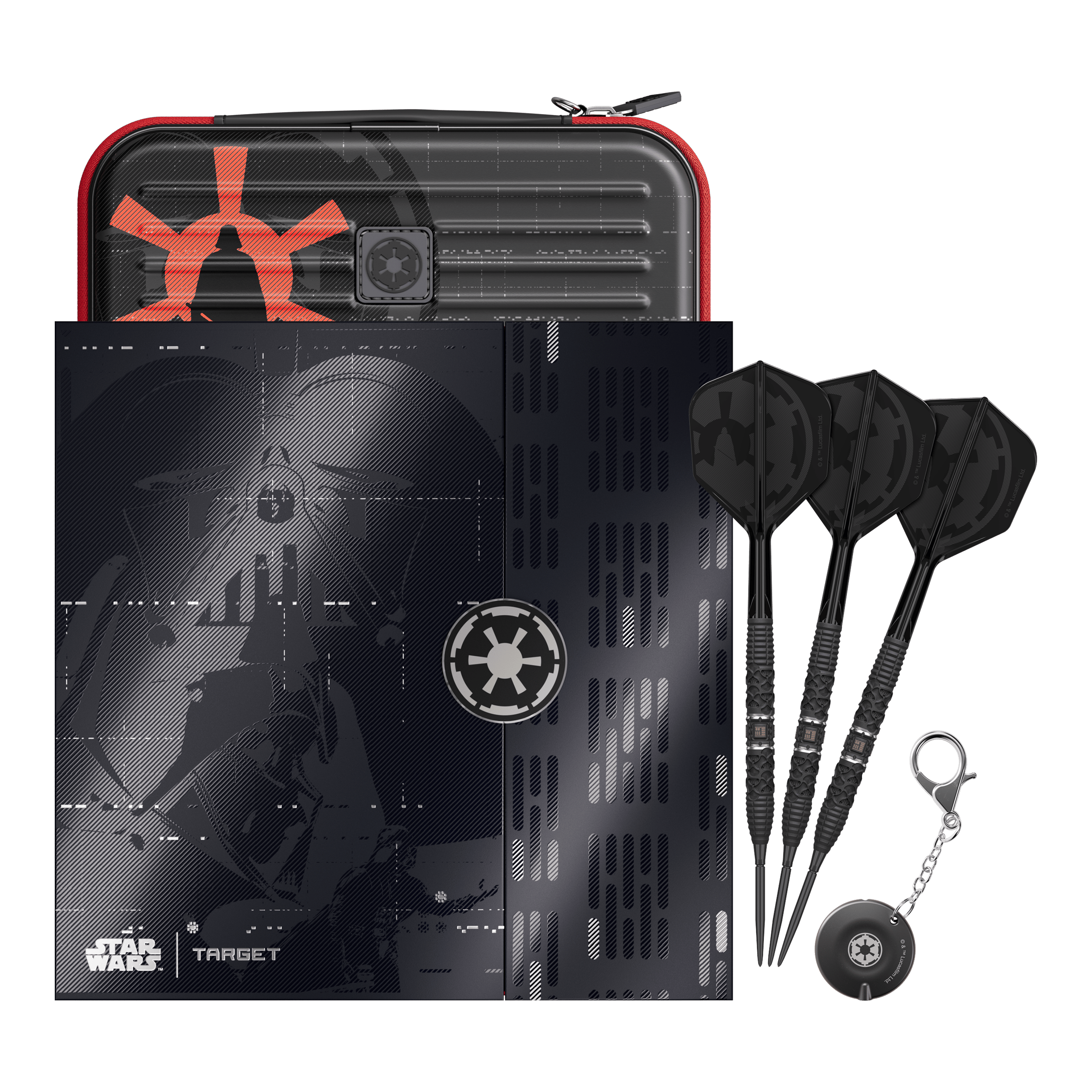 Das Bild zeigt die Target Star Wars Darth Vader 95 Swiss Point Steeldarts. Diese Steeldarts sind im Darth Vader Design gehalten.