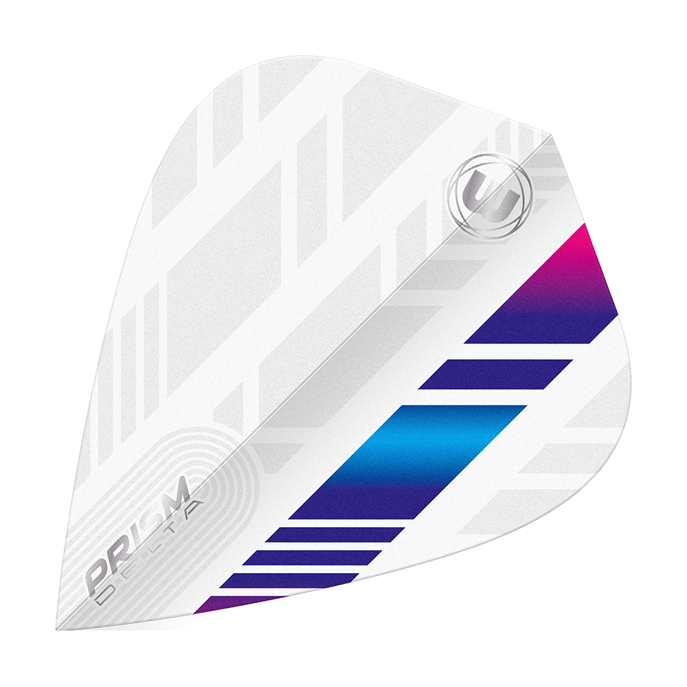Winmau Delta White Blue Purple Kite Flights Das Bild zeigt ein weißes Dart-Flight mit blauen und violetten Akzenten. Das Design ist modern mit geometrischen Mustern und trägt die Aufschrift „PRISM DELTA“.