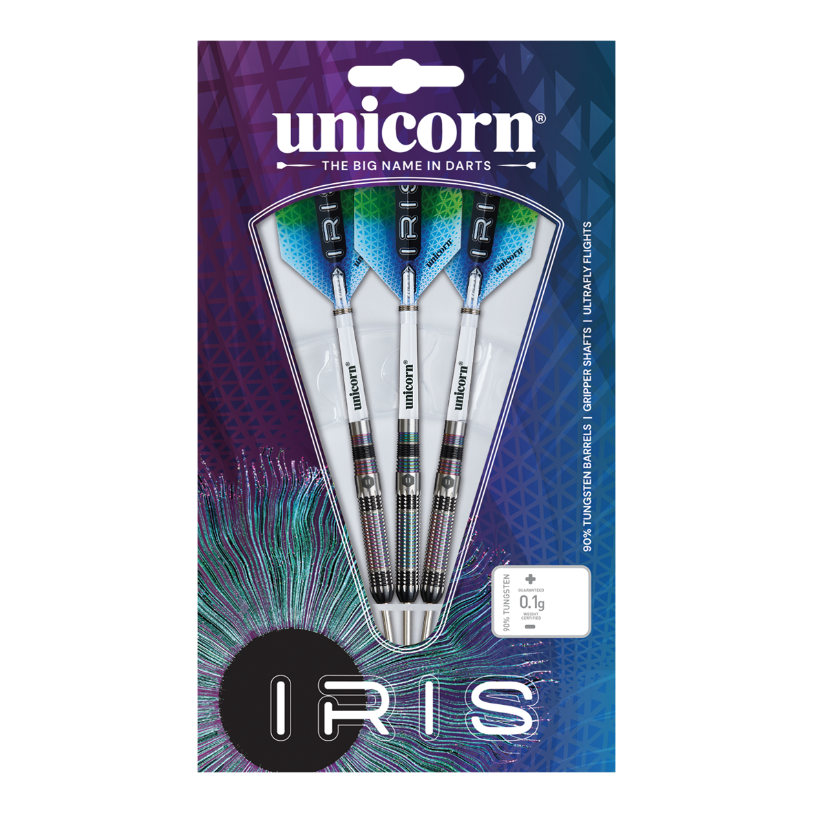 Unicorn Iris Steeldarts Das Bild zeigt eine Verpackung mit drei Steeldarts der Marke "Unicorn Iris". Die Darts haben silberne Schäfte und blaue Flights, und die Verpackung ist bunt gestaltet.