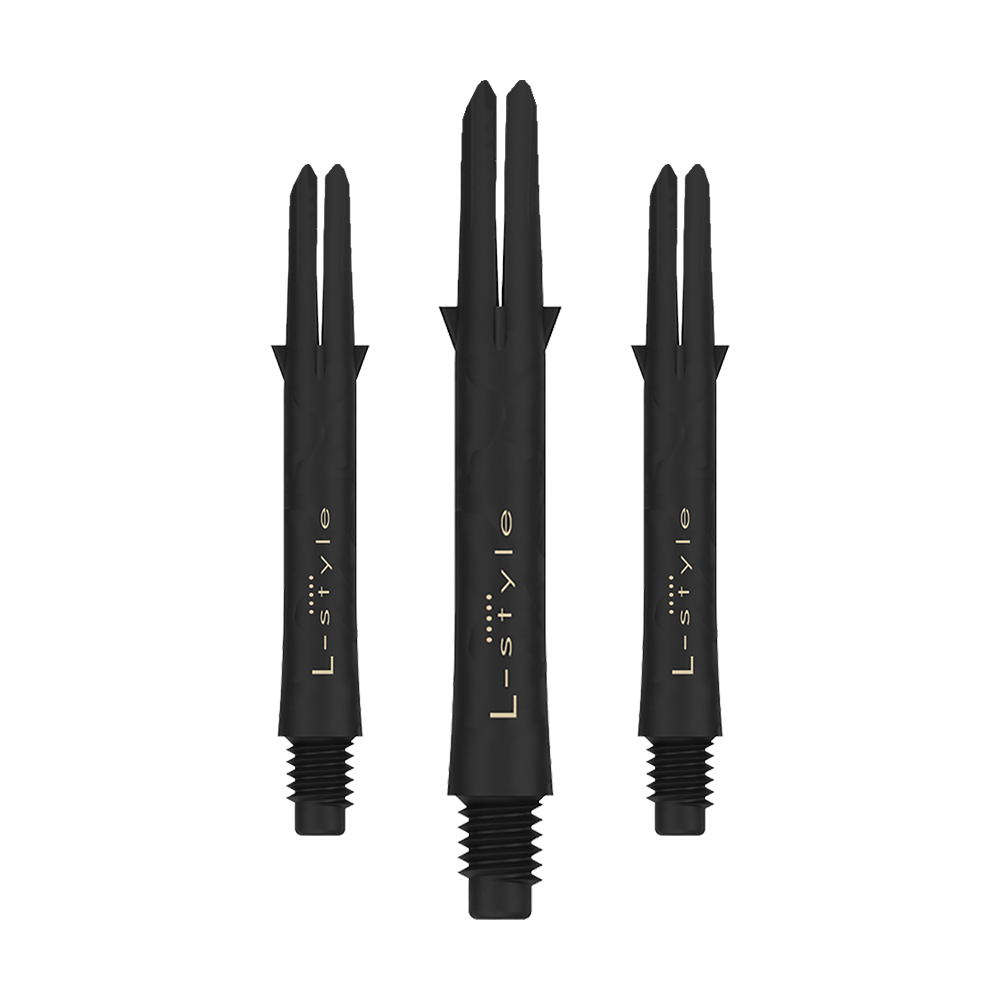 Das Bild zeigt drei schwarze Dartschäfte aus Carbon der Marke L-style. Die Schäfte sind ohne Kappen und haben eine Länge von 39 mm.