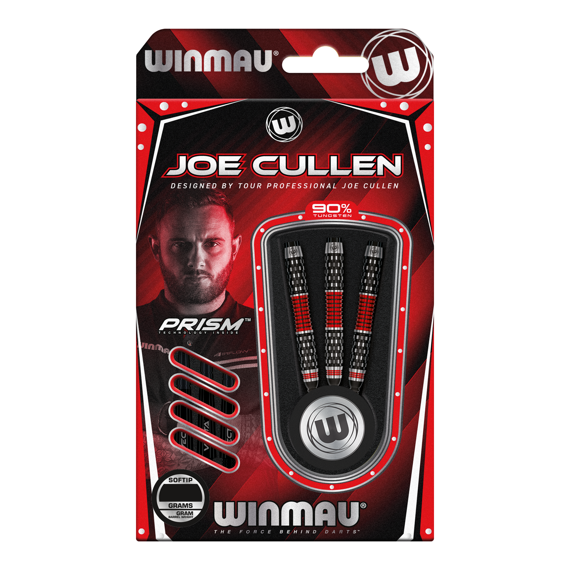 Winmau Joe Cullen Rockstar Series RS1 Soft Darts - 20g Die Abbildung zeigt die Winmau Joe Cullen Rockstar Series RS1 Softdarts mit 20g Gewicht. Die Darts sind in einer rot-schwarzen Verpackung und enthalten 90% Tungsten.
