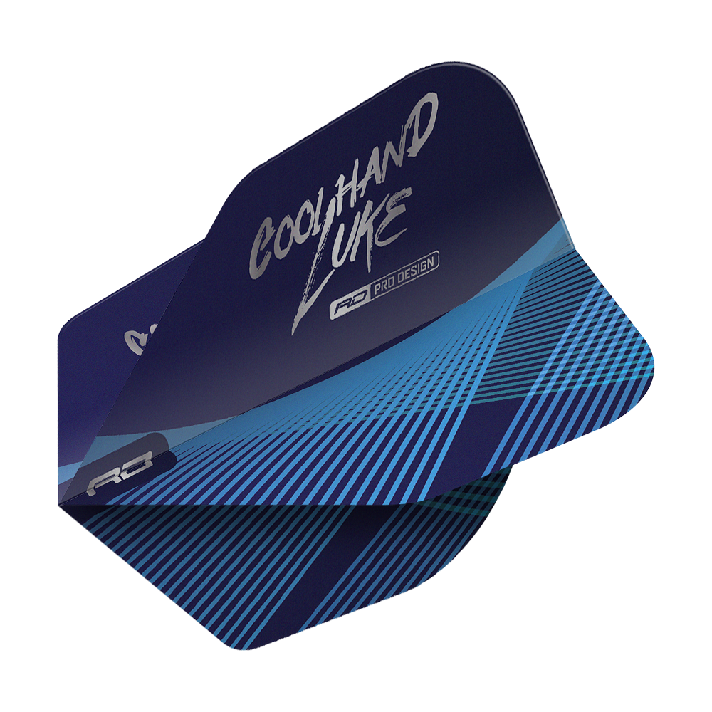 Das Bild zeigt die "Red Dragon Luke Humphries Coolhand Blue Silver No6 Flights" für Dartpfeile. Die Flights sind dunkelblau mit silberner und blauer Schrift und Linien gestaltet.