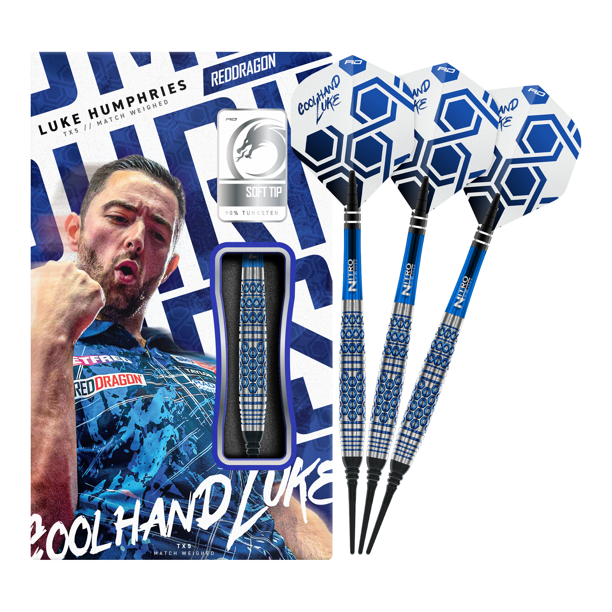 Das Foto zeigt die Red Dragon Luke Humphries TX5 Softdarts - 20g in voller Länge. Sie sind für das Softdartspiel ausgelegt und wiegen 20 Gramm.