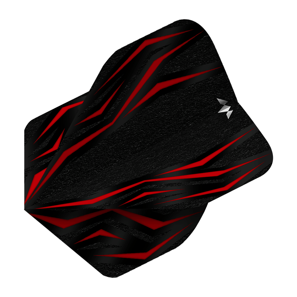 Mission Lava Red No2 Standard Flights Das Bild zeigt einen Mission Lava Red No2 Standard Flight für Darts. Das Design ist überwiegend schwarz mit auffälligen roten Linien und einem kleinen weißen Logo.