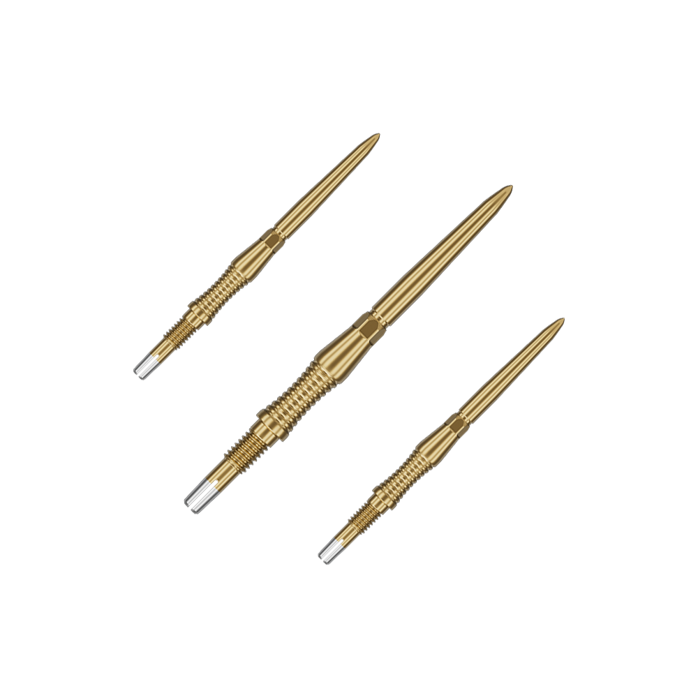 Das Bild zeigt ein Set von goldenen Target Swiss Point Dartspitzen Signature RST mit 30mm Länge. Die Spitzen sind ordentlich nebeneinander angeordnet.