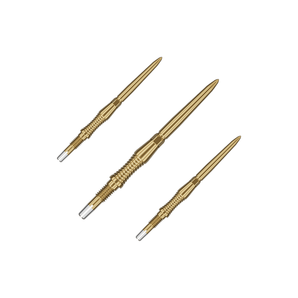 Target Swiss Point Dart Tips Signature RST - Gold Das Bild zeigt ein Set von goldenen Target Swiss Point Dartspitzen Signature RST mit 30mm Länge. Die Spitzen sind ordentlich nebeneinander angeordnet.