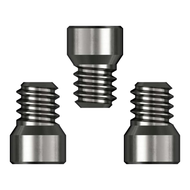 Caliburn System Spigots Das Bild zeigt drei Caliburn System Spigots mit einem Durchmesser von 2,33 mm. Sie sind aus Metall gefertigt und haben ein Gewinde auf einer Seite.