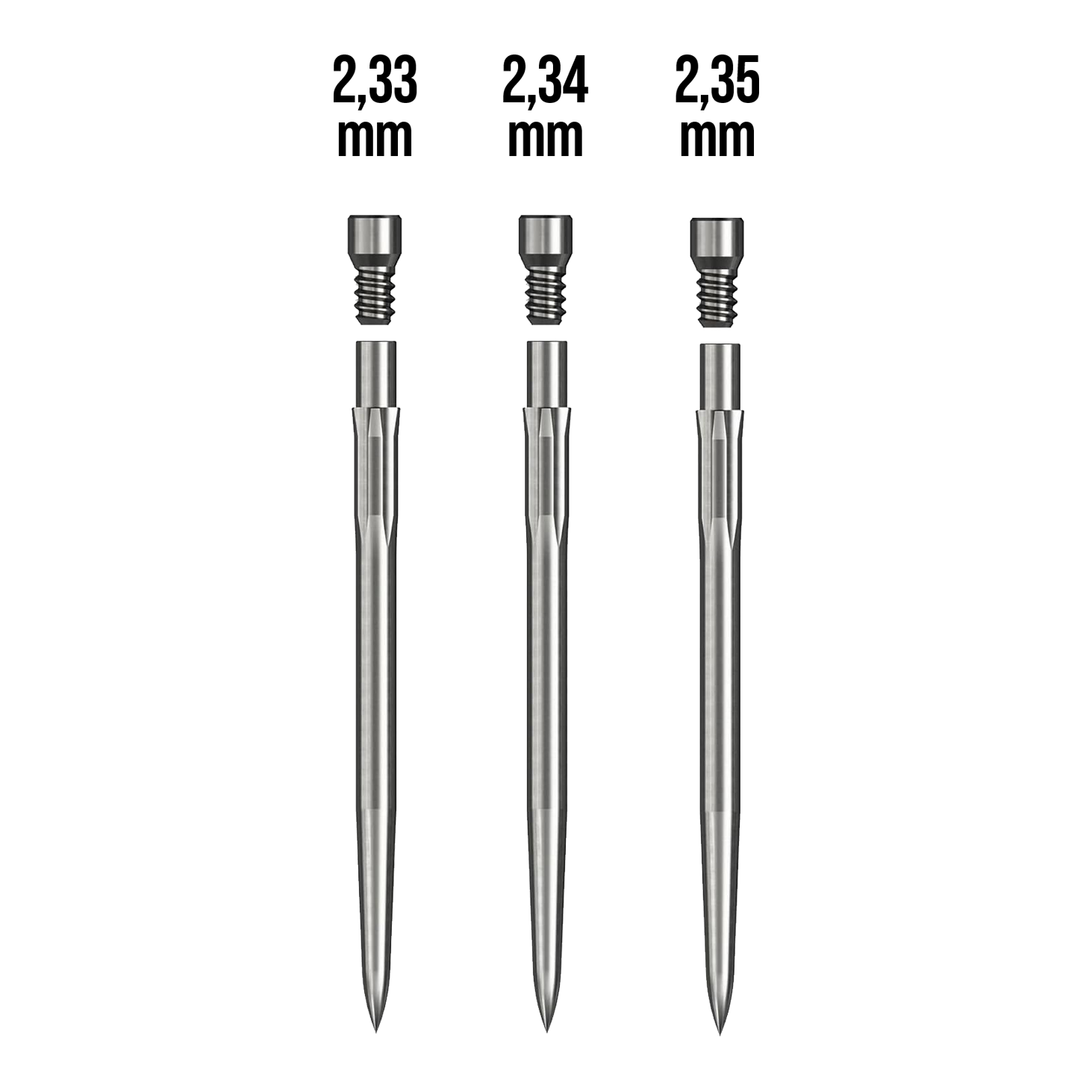 Caliburn Starter Kit Das Bild zeigt drei metallische Stifte mit unterschiedlichen Durchmessern: 2,33 mm, 2,34 mm und 2,35 mm. Sie gehören zum Produkt "Caliburn Starter-Kit."