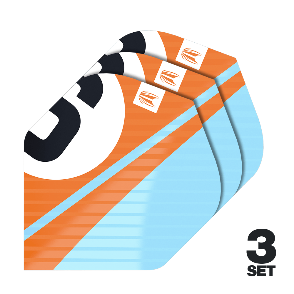 Target Pro Ultra Chicane Orange No2 Standard Flights - 3 sets Das Bild zeigt drei Sätze der Target Pro Ultra Chicane Orange No2 Standard Flights. Die Flights sind orange und hellblau mit einem auffälligen schwarzen und weißen Design.