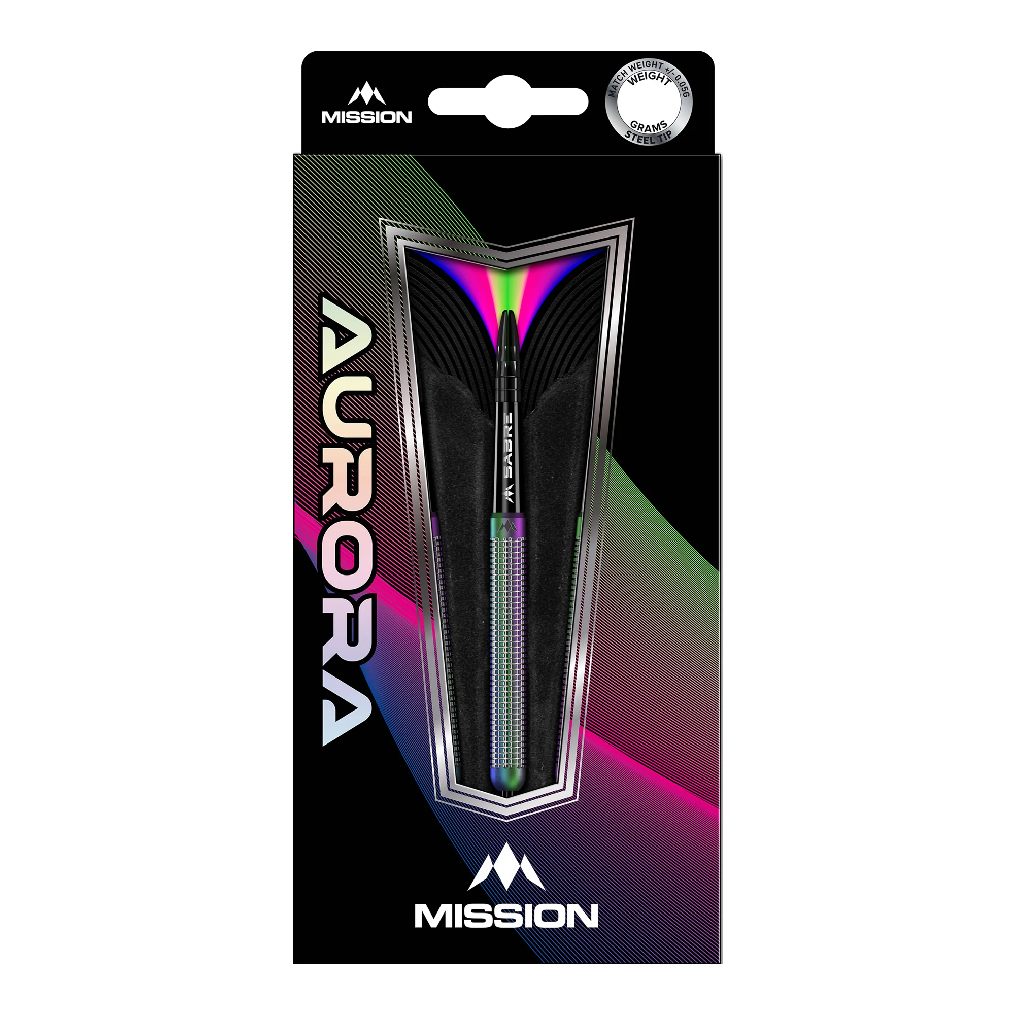 Die Abbildung zeigt die Mission Aurora Coral PVD Steeldarts mit einem Gewicht von 23g in ihrer Verpackung. Das Design der Verpackung ist modern und farbenfroh, mit auffälligen Regenbogen-Effekten.