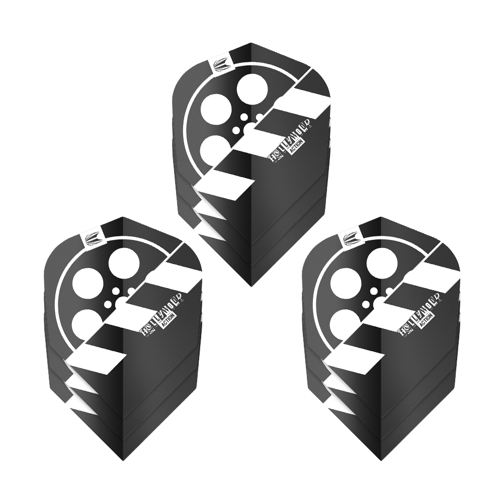 Das Bild zeigt drei Sets von schwarzen Dartflights mit einem Filmrollen-Design. Auf den Flights steht „HOLLYWOOD ACTION“ und sie gehören zum Produkt „Target Pro Ultra Chris Dobey Hollywood Action No6“.