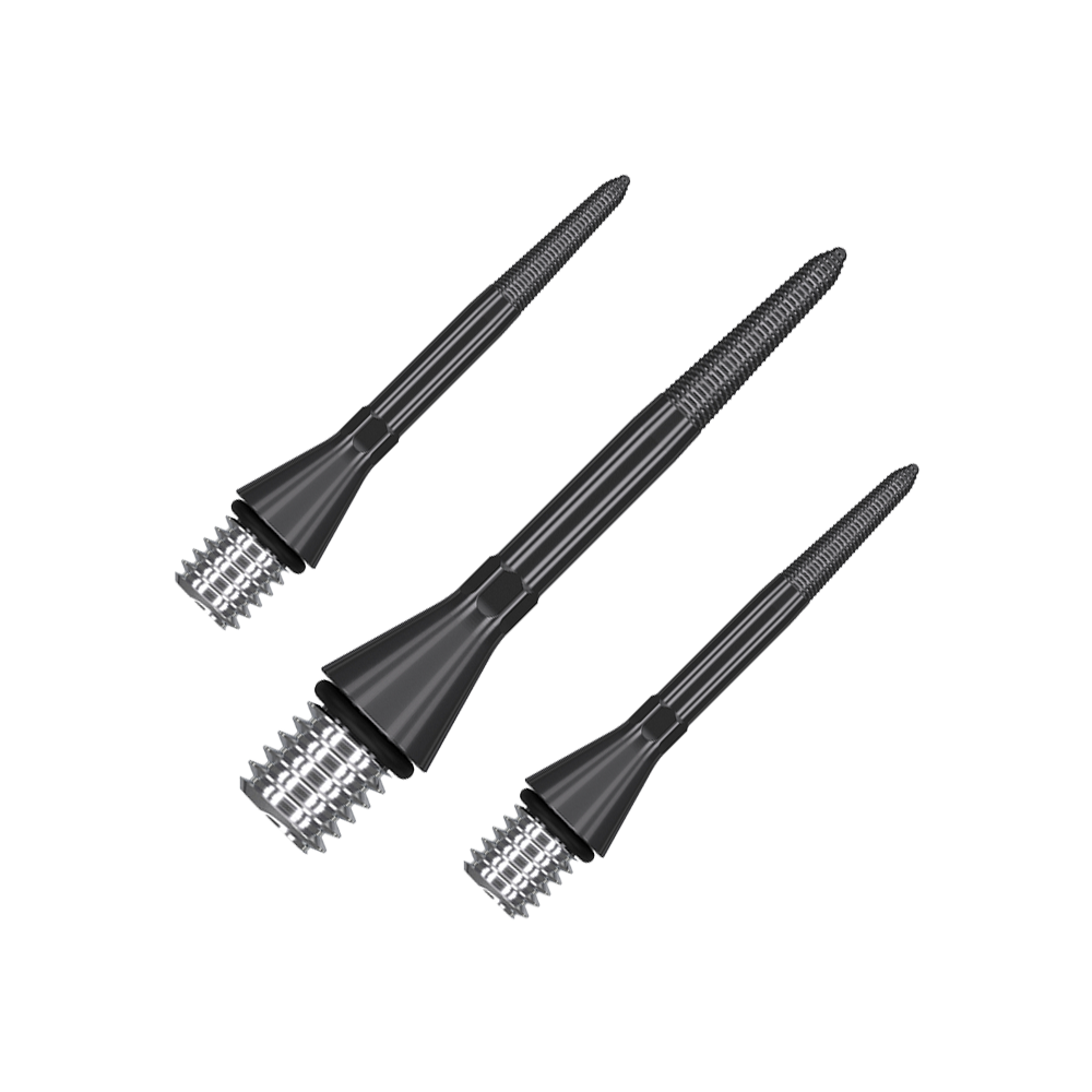 380160_Target_Titanium_Swiss_Point_Nano_Conversion_Points_Schwarz_26mm_1 Das Bild zeigt drei schwarze, spitze Metallstifte mit einem Gewinde am breiteren Ende. Sie sind gleich lang und liegen nebeneinander auf einem grünen Hintergrund.