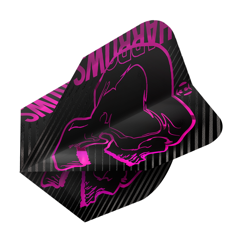 Harrows Rage Pink No6 Flights Dies ist ein Dartflight des Modells „Harrows Rage Pink No6“. Das Design ist schwarz mit einem auffälligen pinken Totenkopf und den Worten „Harrows“ in Pink.