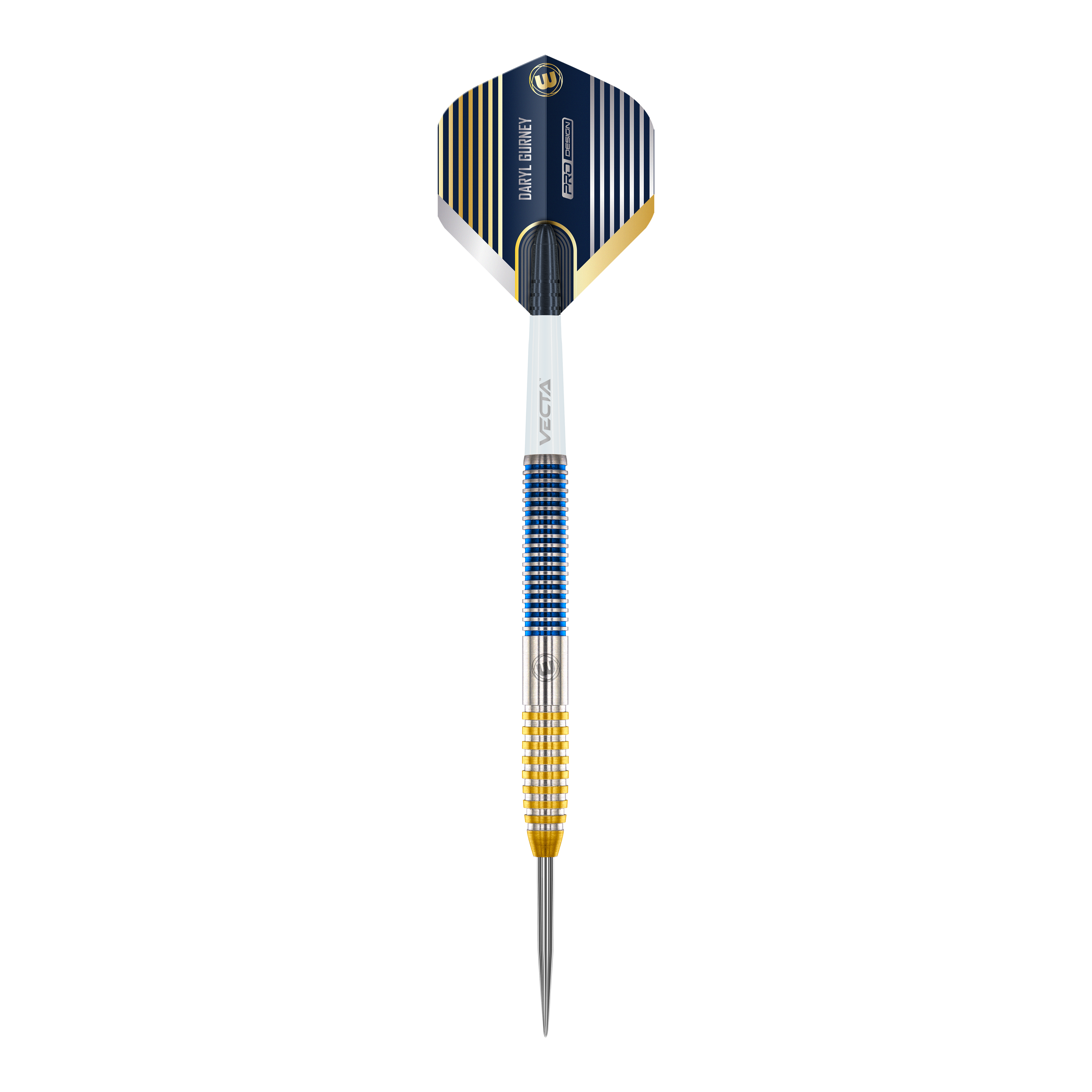 Winmau Daryl Gurney SC 1.0 Series Steeldarts - 23g Dies ist ein Winmau Daryl Gurney SC 1.0 Series Steeldart mit einem Gewicht von 23g. Der Dart hat ein auffälliges Design mit blauen, goldenen und silbernen Akzenten.