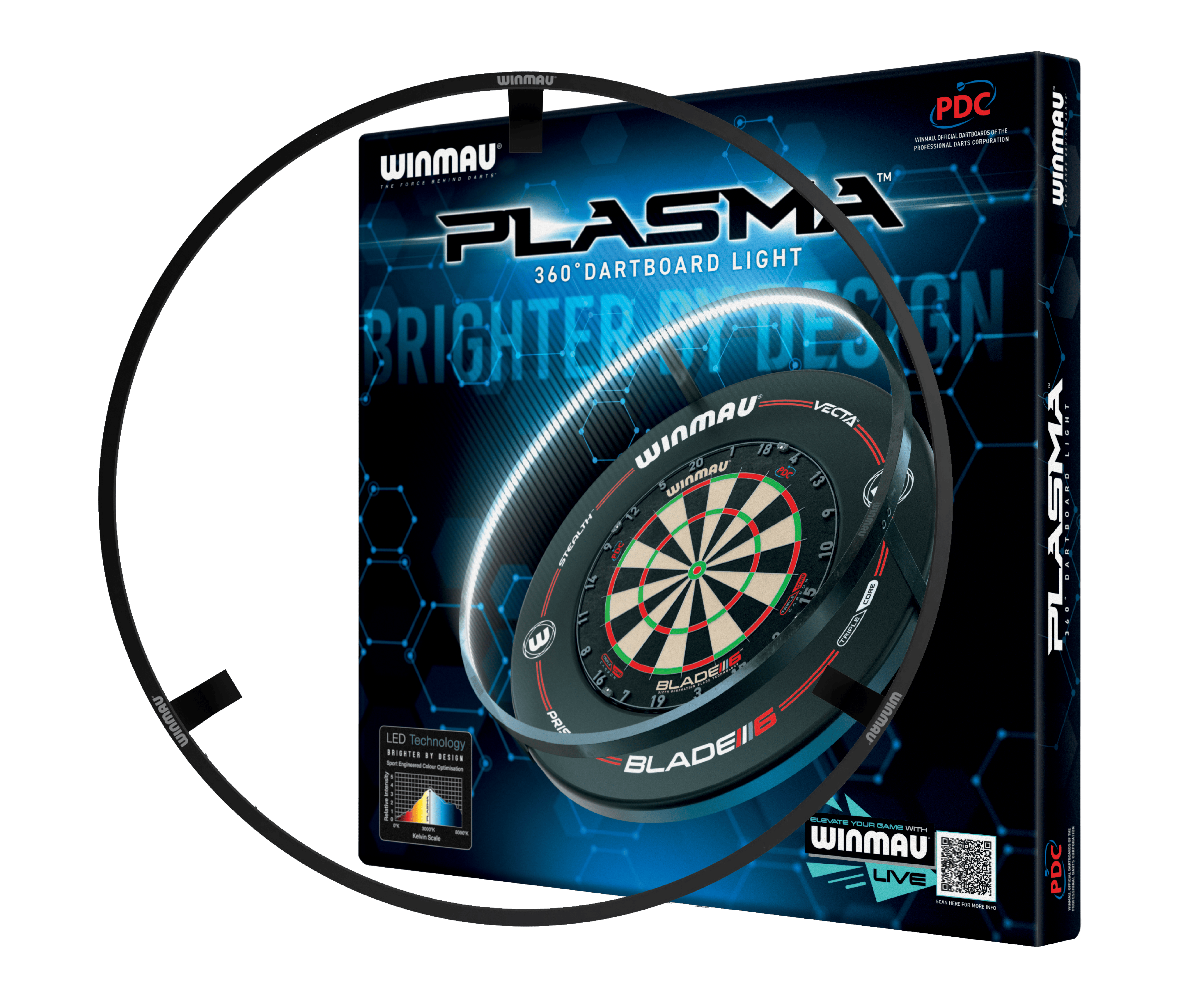 BUNDLE Winmau Plasma LED lighting and surround Das Bild zeigt das Produkt "Winmau Plasma LED Beleuchtung und Surround Bundle" in seiner Verpackung. Es enthält eine LED-Beleuchtung für ein Dartboard sowie einen Schutzring.