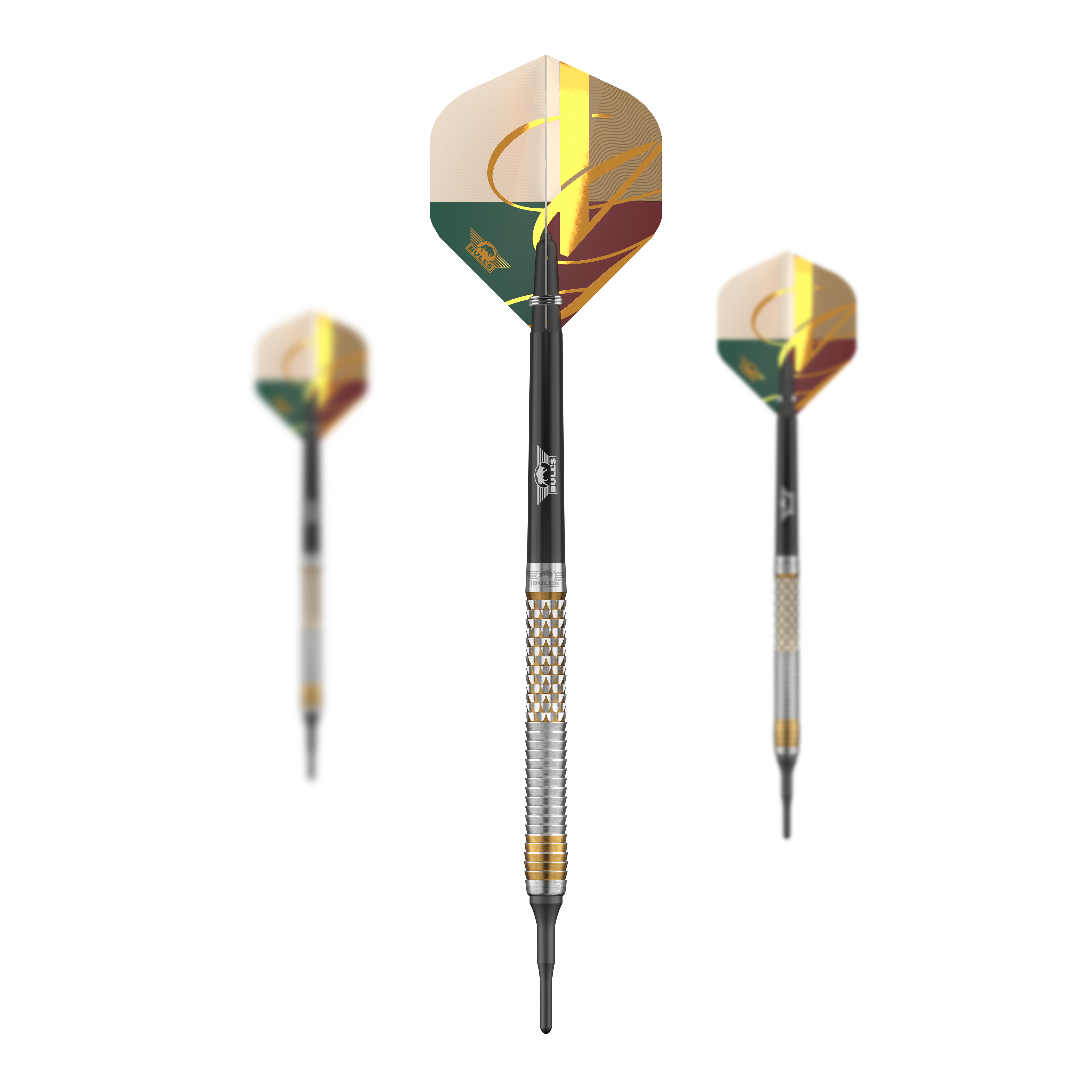 Abgebildet ist das Bulls NL Vintago Shark Softdarts - 18g Set. Es zeigt ein komplettes Set von Softdarts mit besonderem Design.