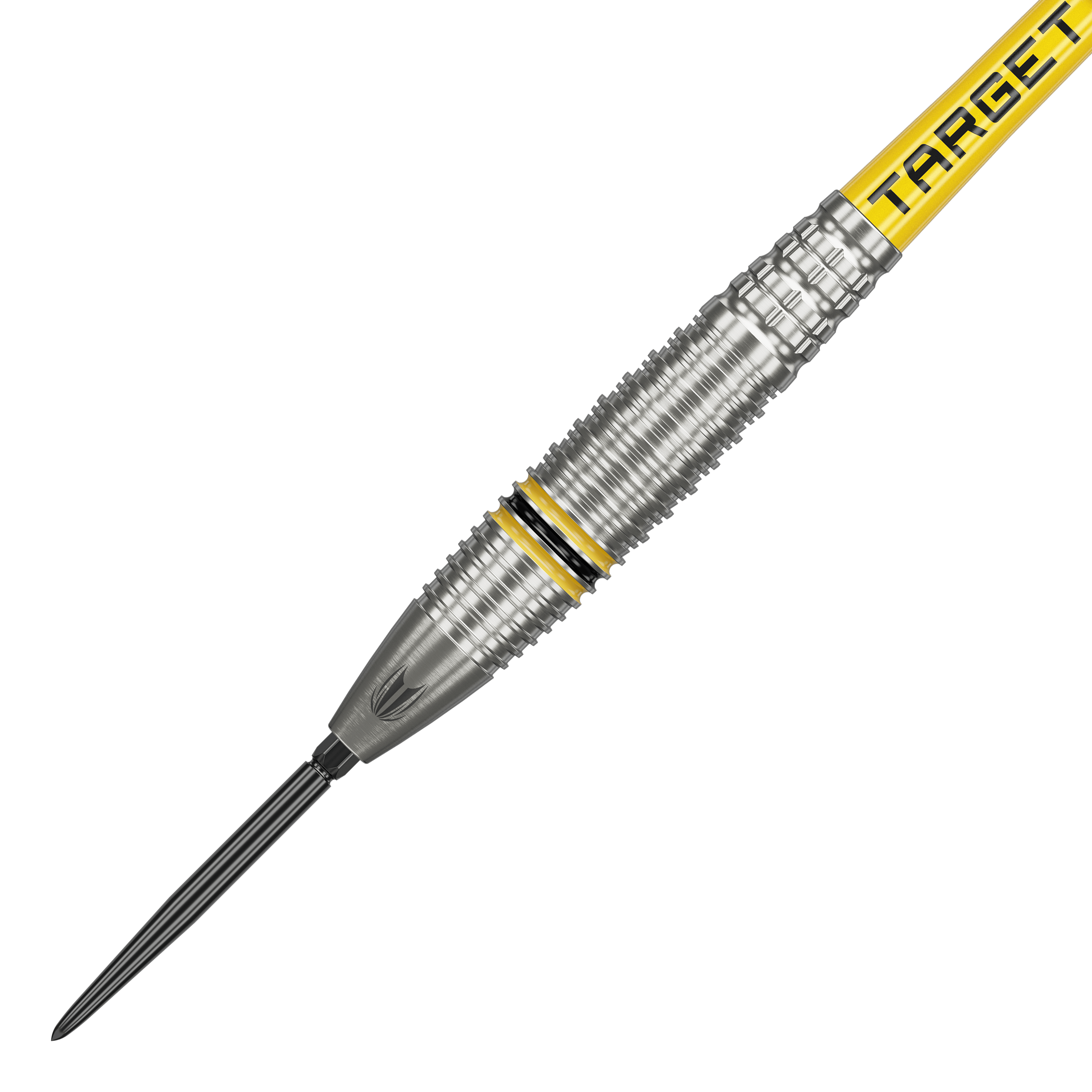 Target Scott Williams GEN2 Swiss Point steel darts Das Bild zeigt einen Target Scott Williams GEN2 Swiss Point Steeldart. Der Dart ist silberfarben mit gelben und schwarzen Akzenten sowie der Aufschrift "TARGET" auf dem Schaft.