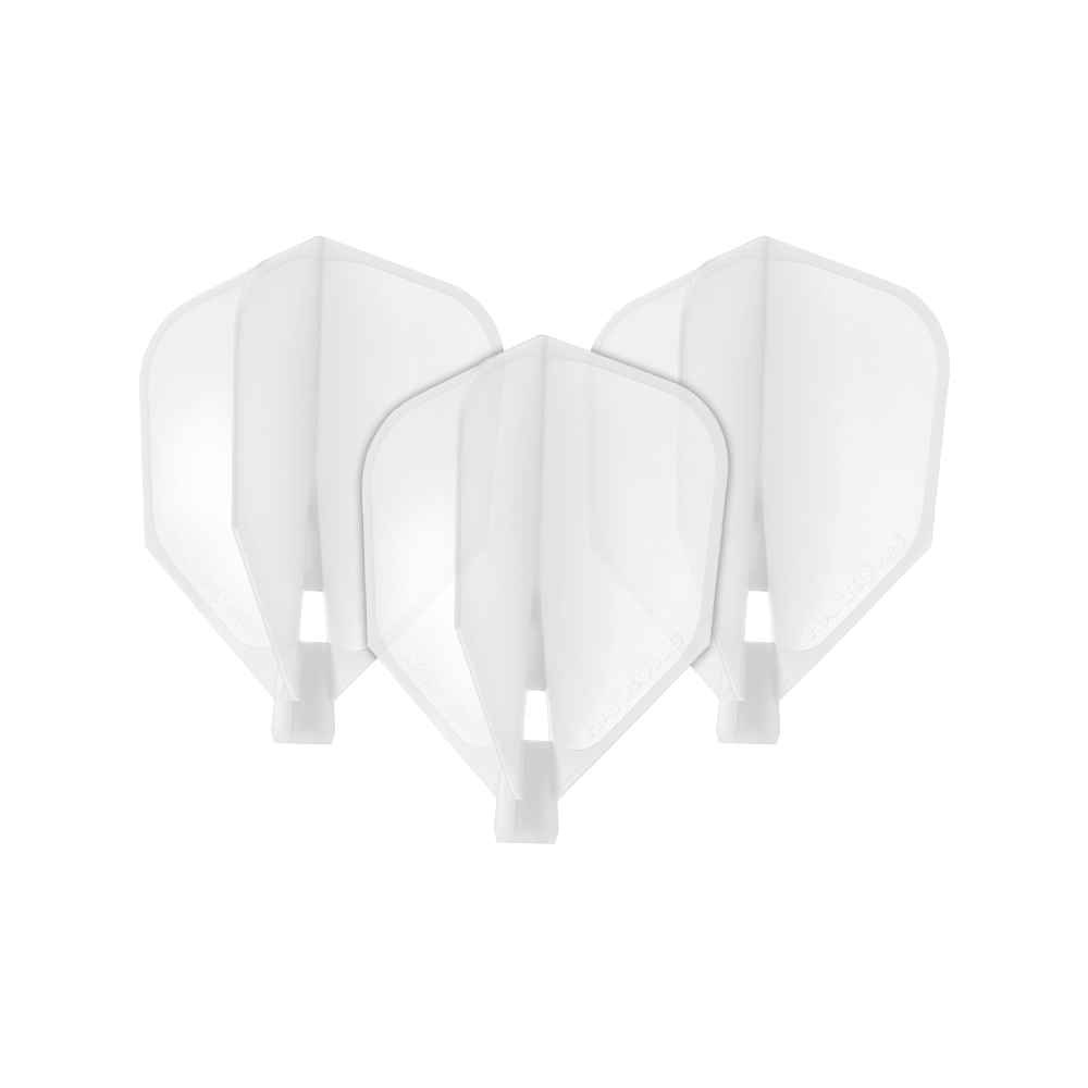 HRC-180_Harrows_Clic_Standard_Flight_Clear_1Any3eb79UhJlt Das Bild zeigt drei durchsichtige Dart-Flights des Modells "Harrows Clic Standard". Sie sind klar und haben eine standardmäßige Form.