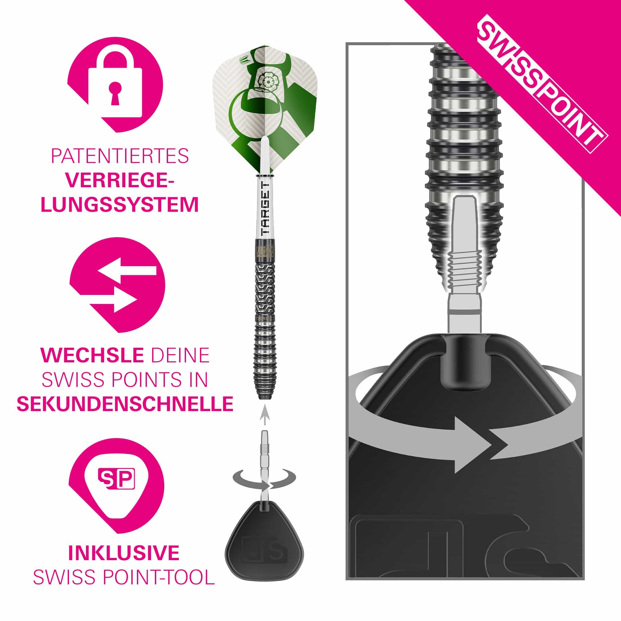 Abgebildet sind die Target Charlie Manby Swiss Points Steeldarts. Diese Darts zeichnen sich durch ihre hochwertige Verarbeitung aus.