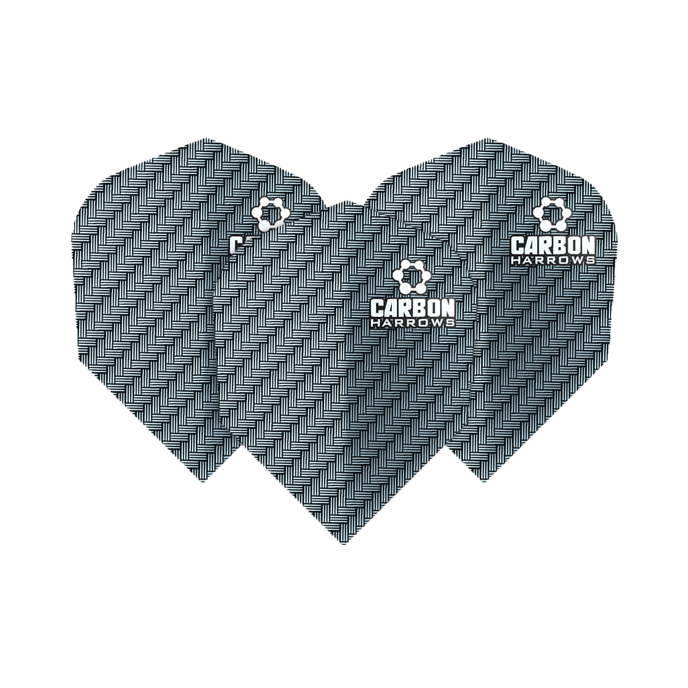 HR52_Harows_Carbon_No6_Flights_Blau_1STC7bfqSj2vwP Das Bild zeigt die Harrows Carbon Flights HR52 mit einem schwarz-grauen Karbonmuster. Auf jedem Flight steht das Logo und der Schriftzug "CARBON HARROWS".