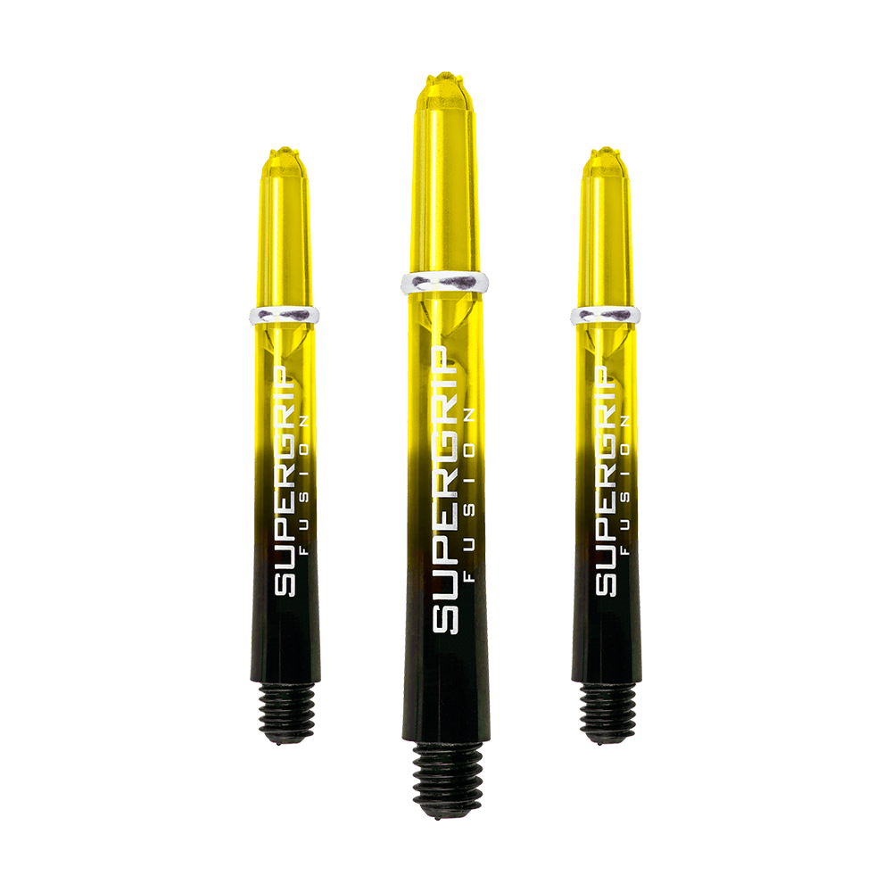 HR349_Harrows_Supergrip_Fusion_Shafts_Gelb_40mm_19jj2CSIuhFLGT Das Bild zeigt drei gelb-schwarze Dartschäfte mit der Aufschrift "Supergrip Fusion". Die Schäfte sind das Produkt "Harrows Supergrip Fusion Shafts - Gelb".