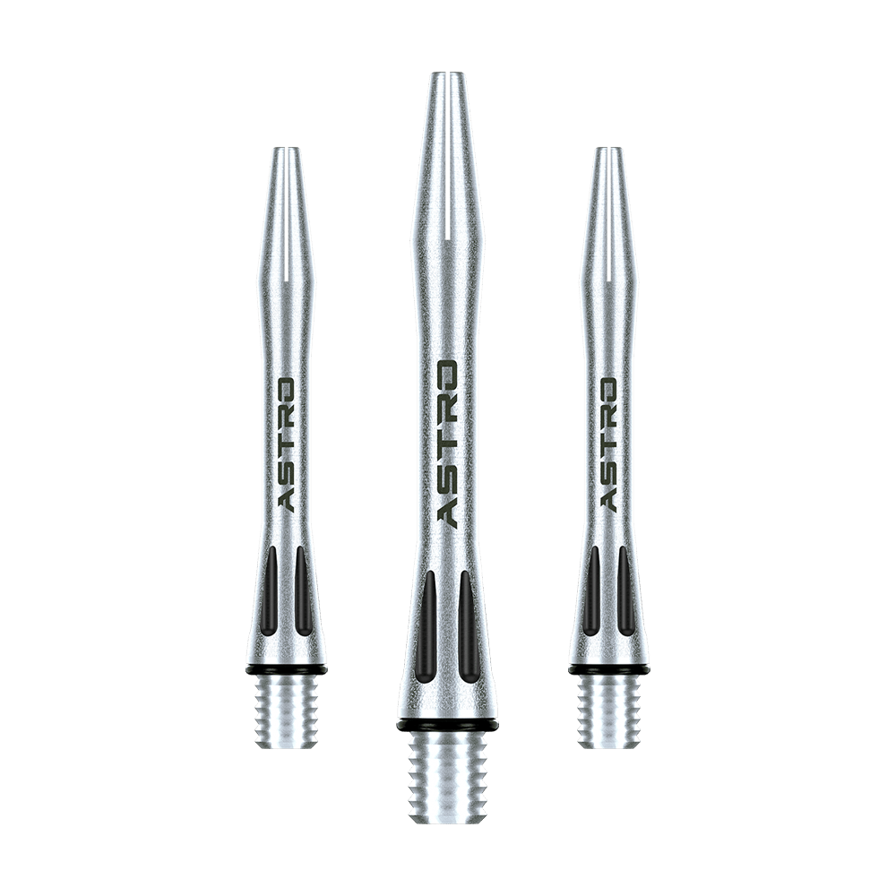 Das Bild zeigt drei silberne Winmau Astro Aluminium Shafts mit schwarzem Akzent. Auf jedem Shaft steht das Wort "ASTRO" geschrieben.