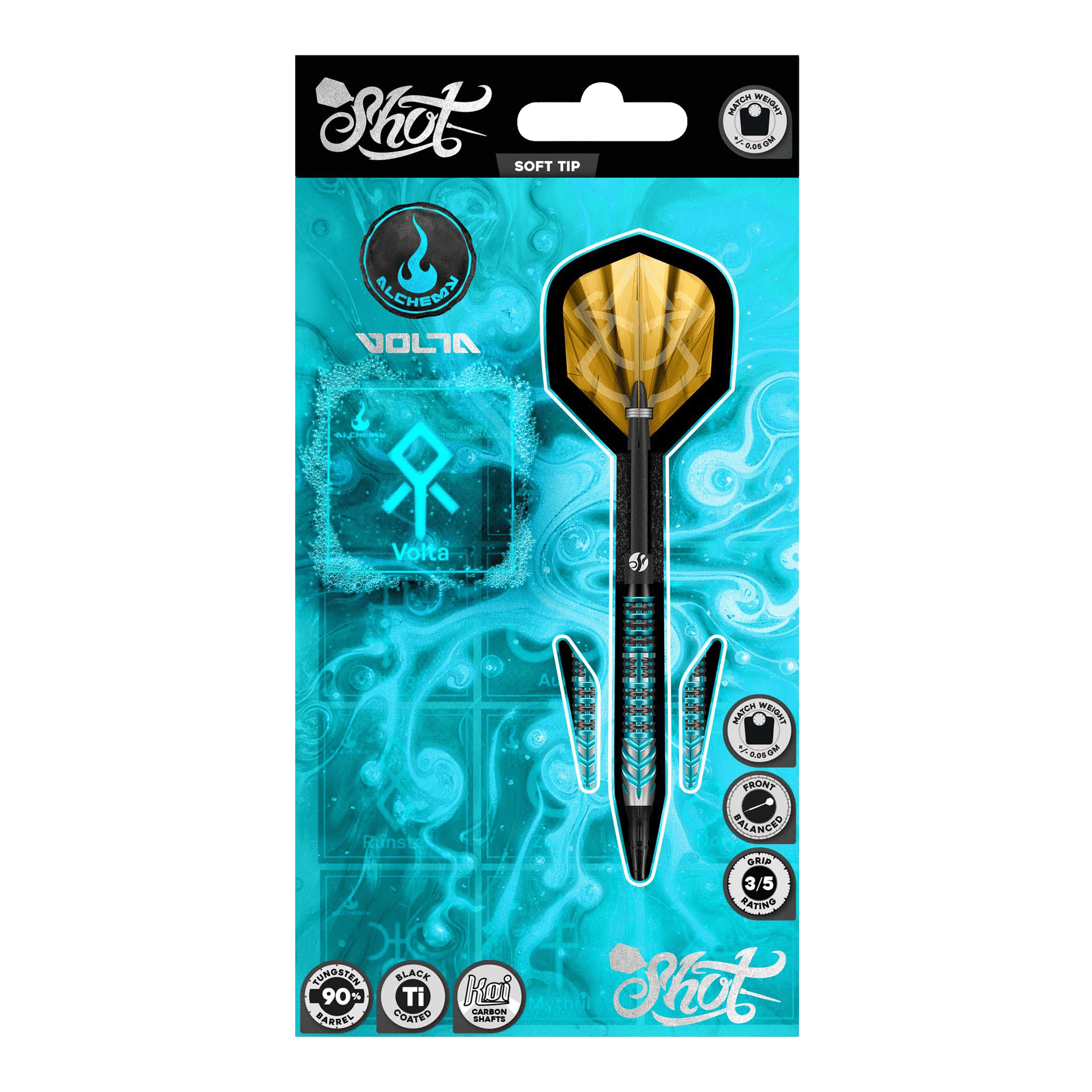 Abgebildet sind die Shot Alchemy Volta Softdarts - 20g aus einer detaillierten Ansicht. Diese Softdarts eignen sich gut für das Dartspiel.