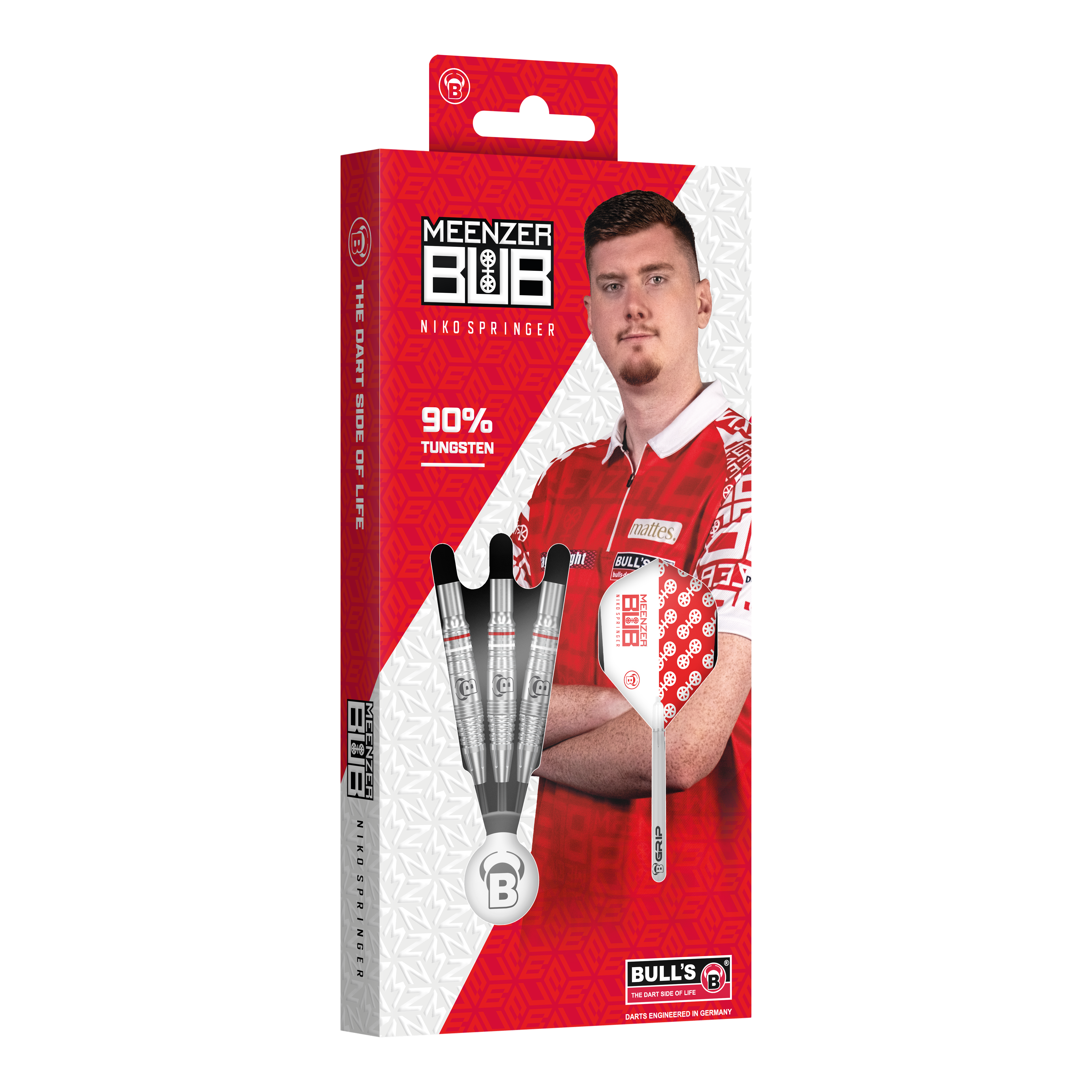 Bulls Niko Springer steel darts Die Verpackung zeigt die Bulls Niko Springer Steeldarts mit 90% Tungsten. Auf der Vorderseite ist ein Bild von Niko Springer in rotem Trikot zu sehen.