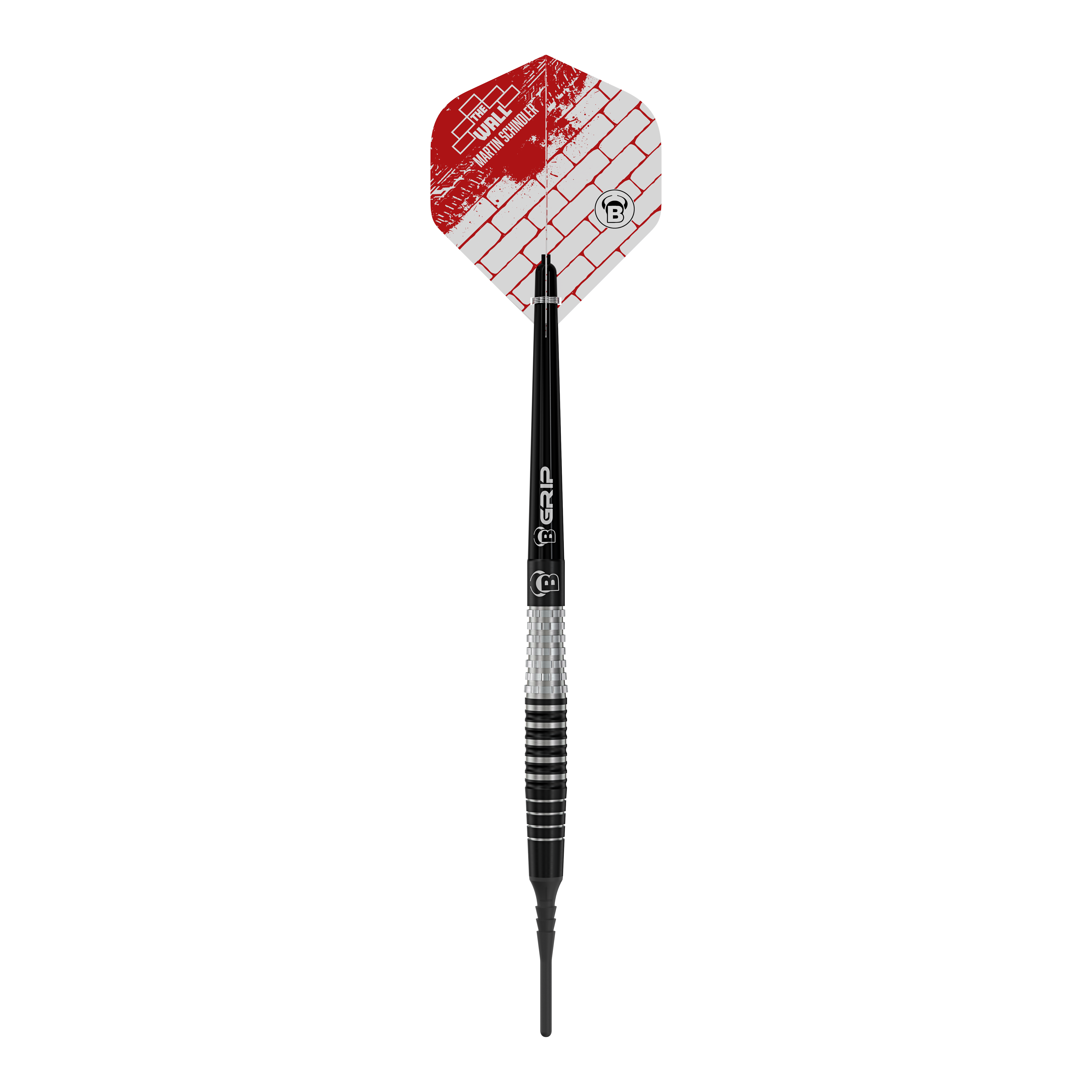 Bulls Martin Schindler Original Generation 3 soft darts Das Bild zeigt einen Bulls Martin Schindler Original Generation 3 Softdart. Der Dart hat eine schwarz-silberne Struktur mit einer roten und weißen Flights mit Ziegelmuster.