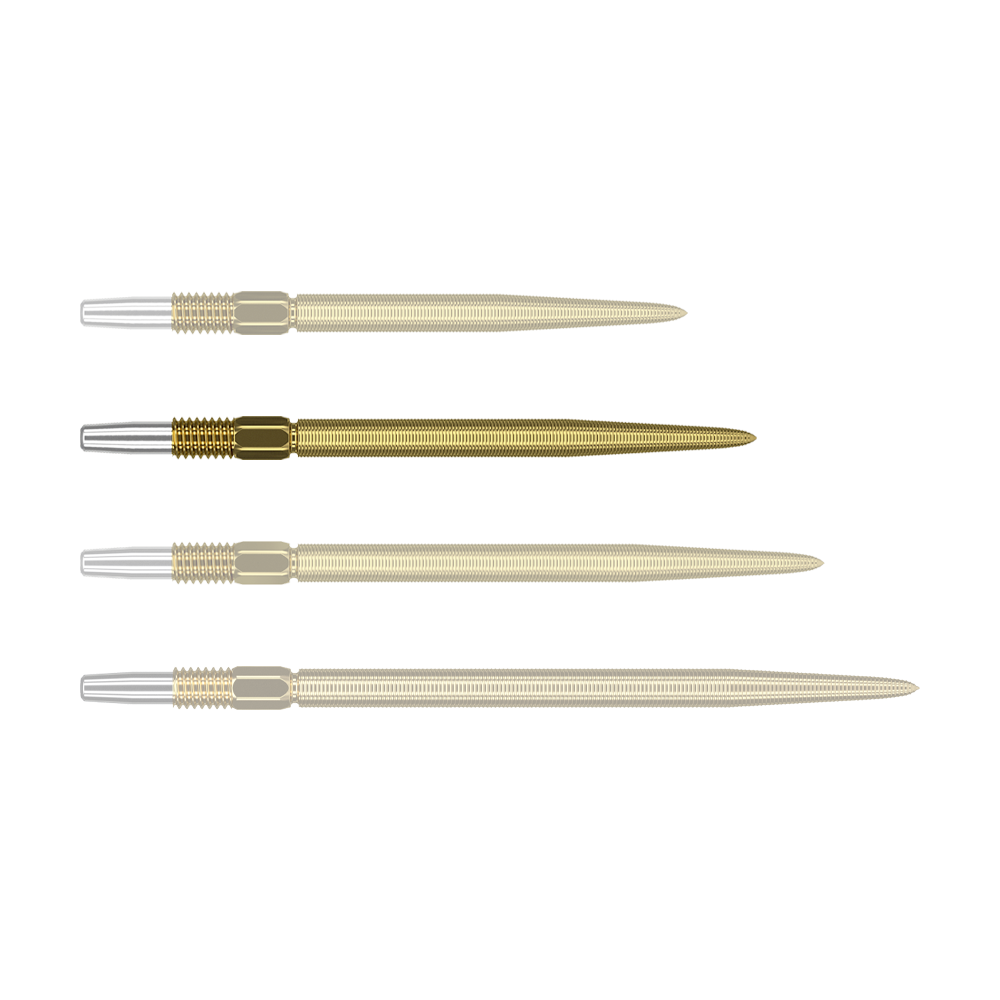 Target Swiss Point Nano Dart Tips - Gold Das Bild zeigt vier goldene Dartspitzen mit silbernem Befestigungsende, die nebeneinander liegen. Die Spitzen sind gleich lang und haben eine feine Riffelung entlang der gesamten Länge.