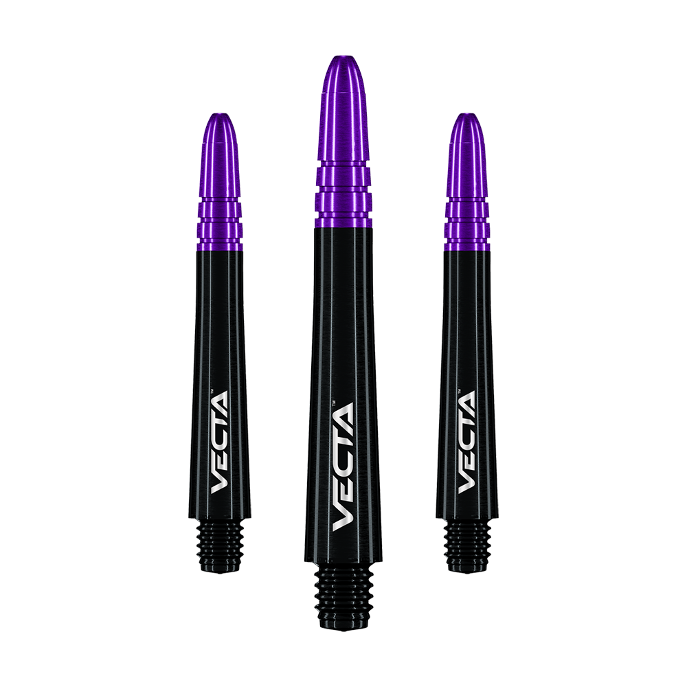 Winmau Vecta Shafts - Schwarz Lila Das Bild zeigt drei Dartschäfte in Schwarz und Lila mit der Aufschrift "VECTA". Sie sind nebeneinander angeordnet und haben ein modernes, glänzendes Design.