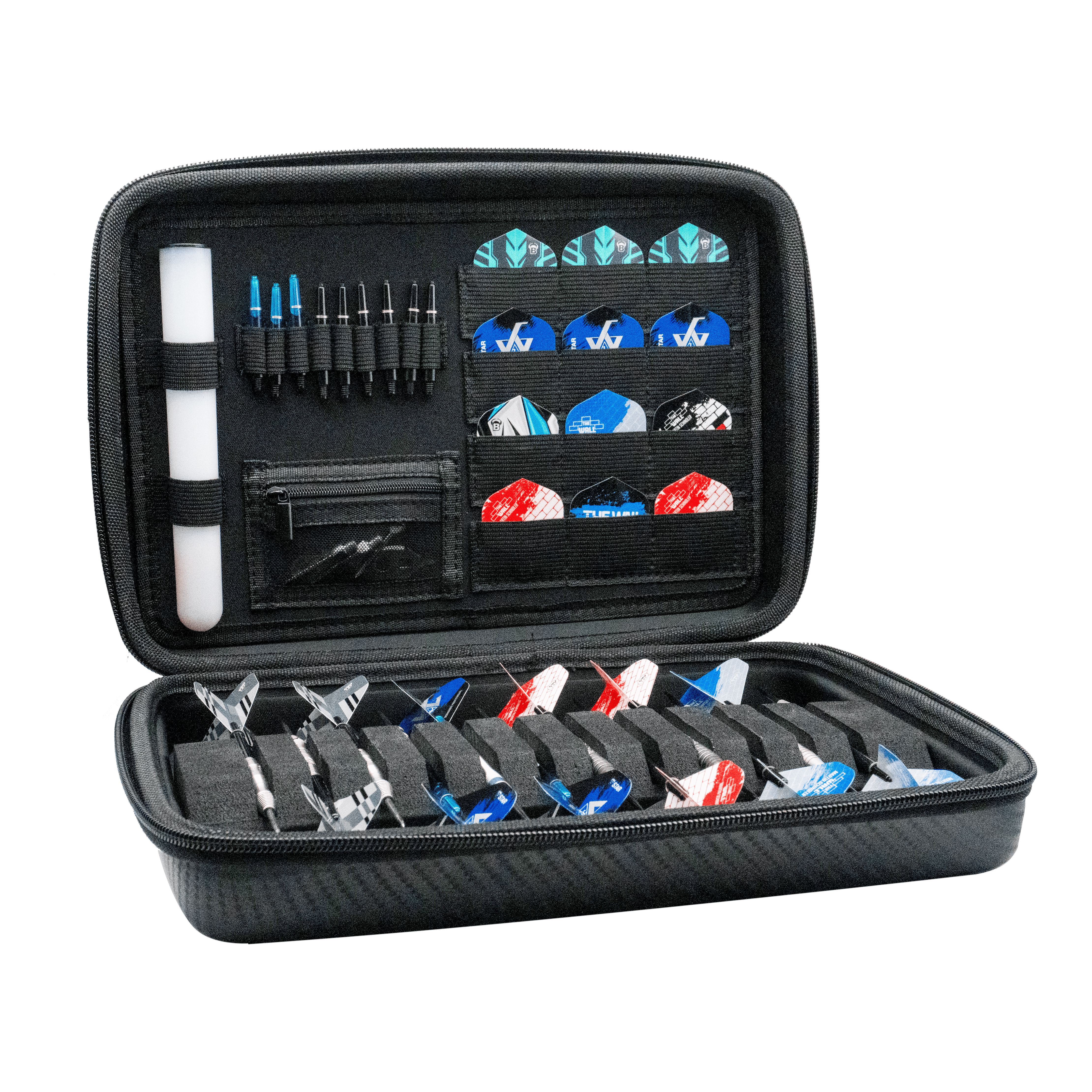 Bulls Orbis XXL dart case - carbon gray Das Bild zeigt das Bulls Orbis XXL Dartcase in Carbongrey, geöffnet mit verschiedenen Darts und Zubehör ordentlich einsortiert. Das Etui bietet viel Platz für Darts, Flights und weiteres Zubehör.