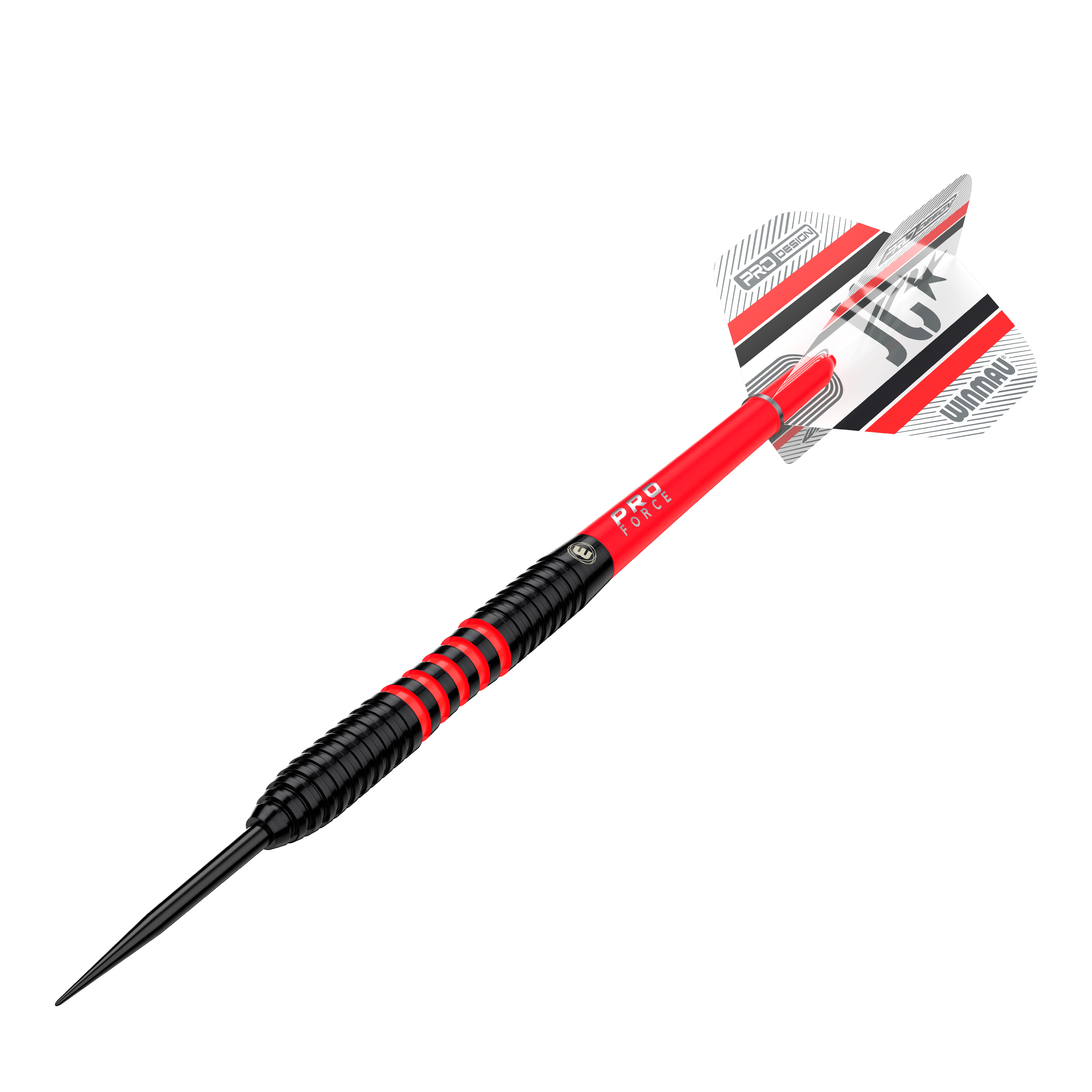 Winmau Joe Cullen 85 Pro-Series steel darts Das Bild zeigt einen Winmau Joe Cullen 85 Pro-Series Steeldart. Der Dart ist überwiegend schwarz und rot mit weißen und roten Akzenten an den Flights.