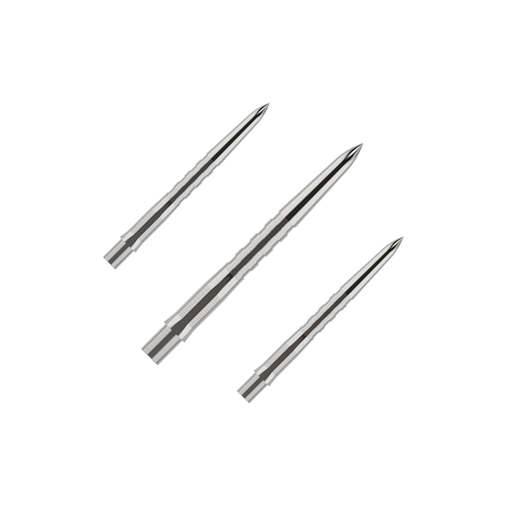 Mission Caliburn EVO Dart Tips - Grooved - Silver Das Bild zeigt drei silberne, gerillte Spitzen für Steeldarts. Sie liegen nebeneinander auf einem grünen Hintergrund.