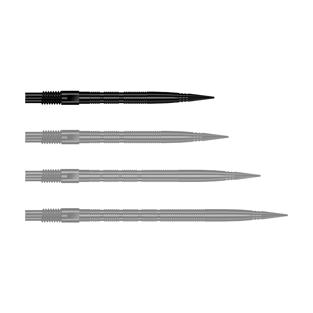 Harrows Quick Point Micro Ridge Dart Tips - Black Zu sehen ist eine einzelne schwarze Dartspitze mit Rillenmuster. Dieses Produkt ist als Ersatzspitze für Dartpfeile gedacht.