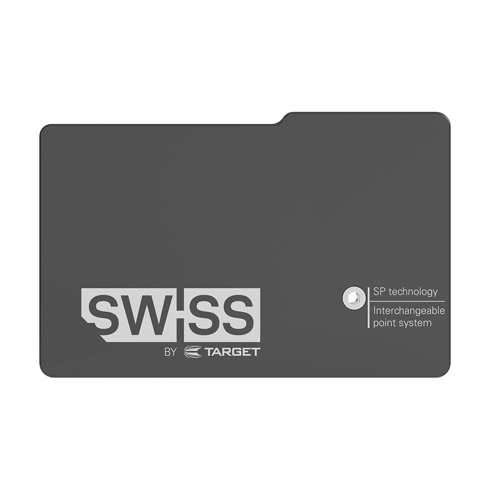 119648_Target_Swiss_Point_Safe_4 Das Bild zeigt das Produkt "Target Swiss Point Safe". Es handelt sich um ein schwarzes Etui mit der Aufschrift "Swiss by Target" und dem Hinweis auf eine austauschbare Spitzen-Technologie.