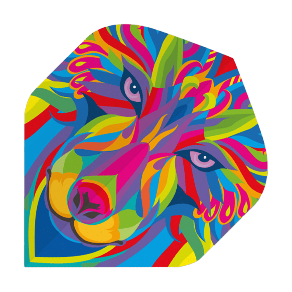 P70_Pentathlon_Metro_Colour_Wolf_Standard_Flights_1 Das Bild zeigt ein Dart-Flight mit einem bunten Wolfsgesicht. Die Farben sind sehr auffällig und in einem modernen, abstrakten Stil gehalten.